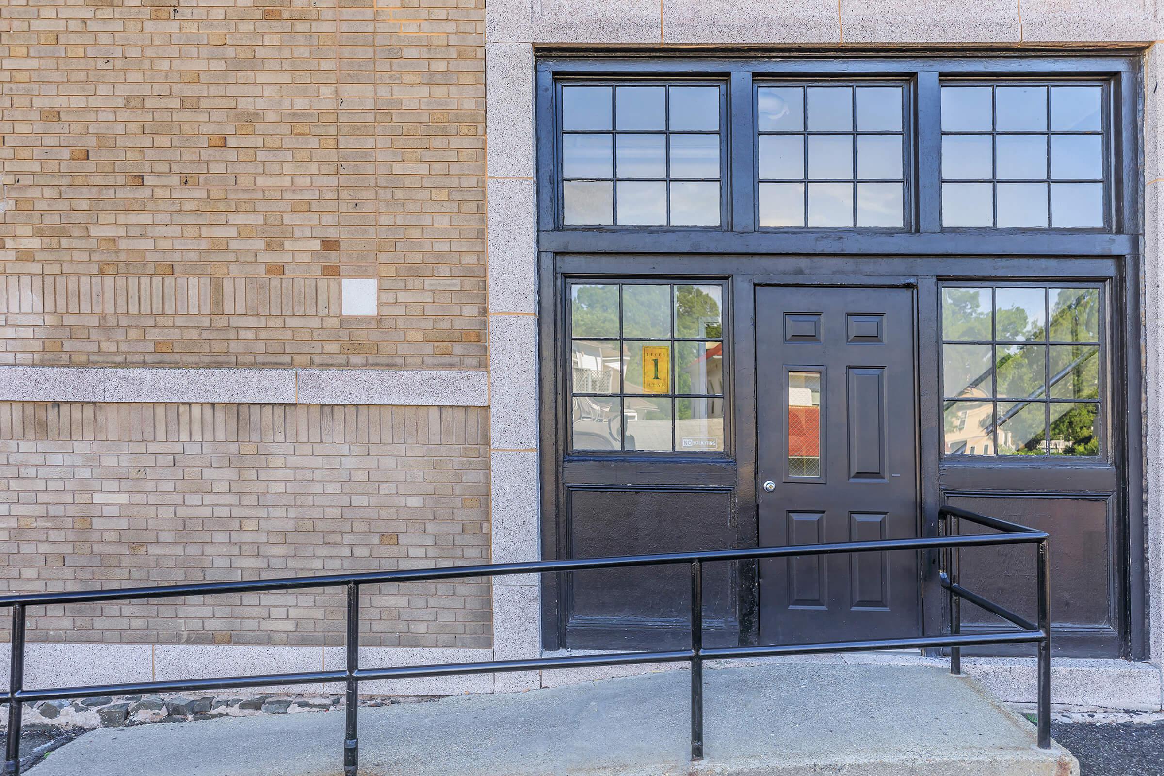 a bench in front of a window