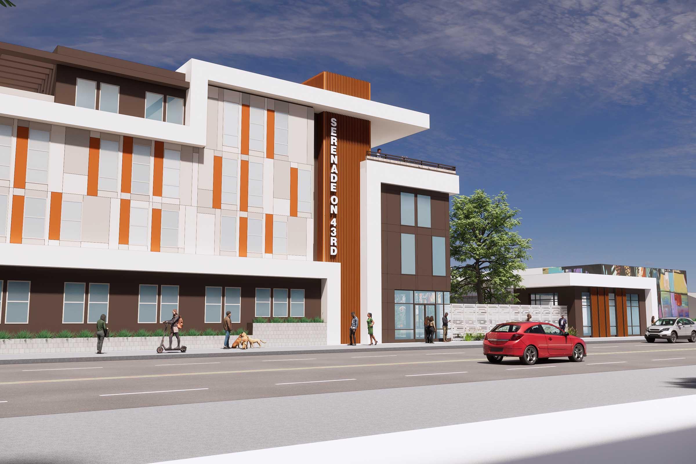 A modern building facade with a prominent sign that reads "SERENADE ON 43RD." The structure features a combination of white, orange, and brown panels. People walk along the sidewalk, some on scooters, while a red car is parked nearby. Clear blue sky and greenery complement the scene.