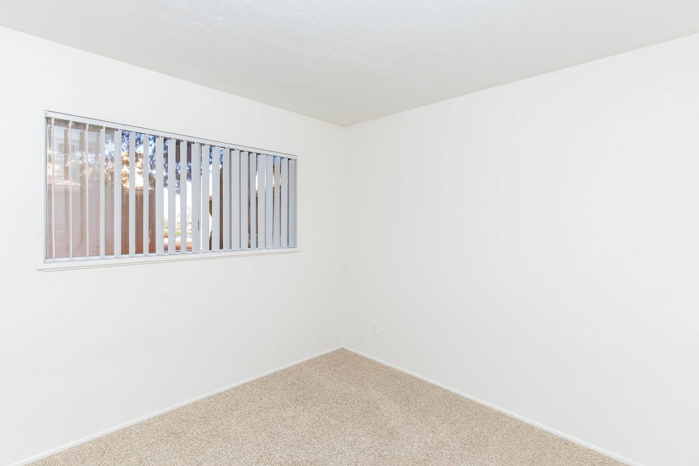 A minimalistic empty room with white walls and beige carpeting. It features a window with vertical blinds, allowing natural light to enter. The space is devoid of furniture, emphasizing its emptiness and potential for personalization.