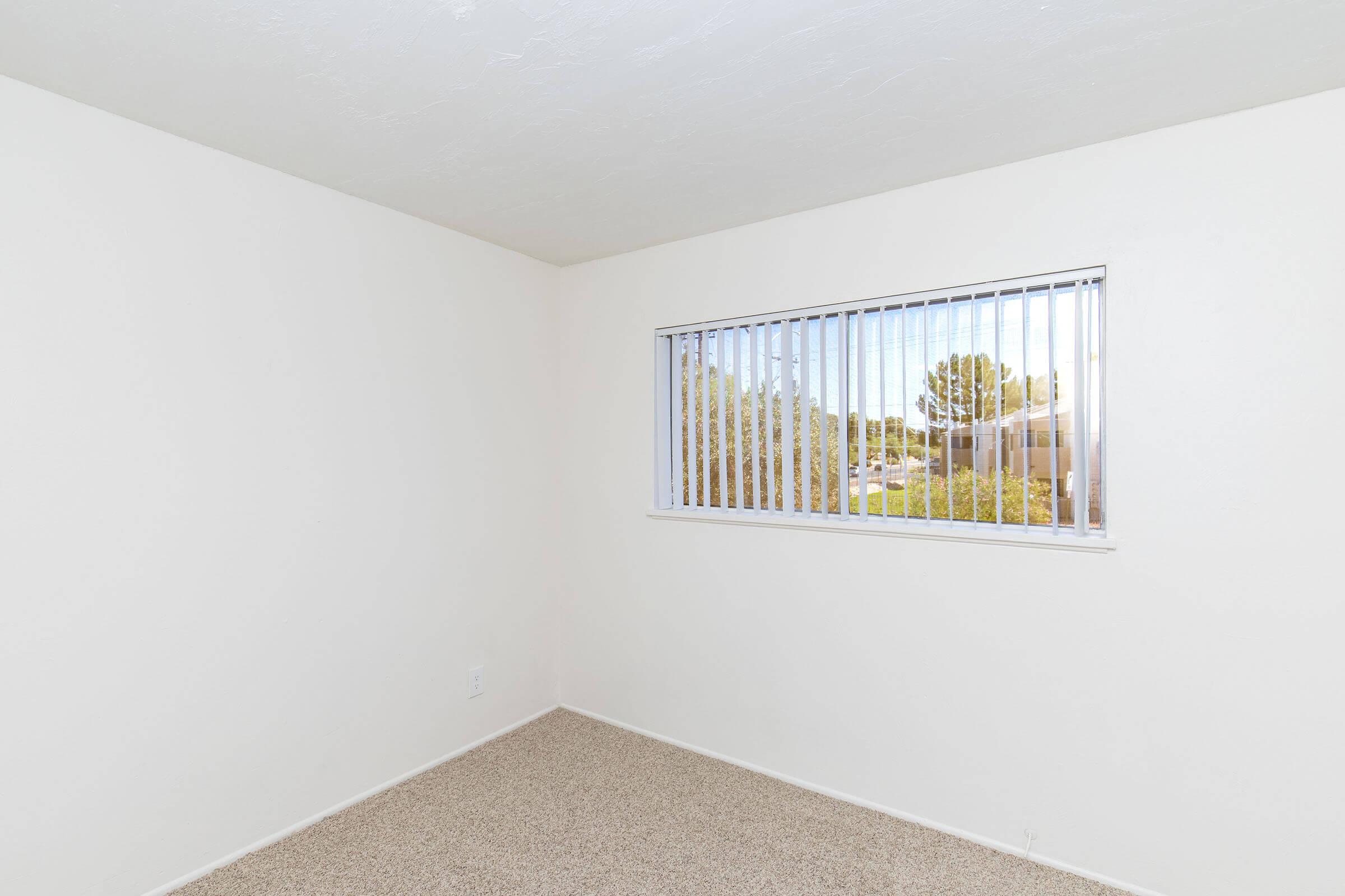 A vacant, unfurnished room with light beige walls and carpet. There's a white window with horizontal blinds letting in natural light, revealing a view of trees and a clear blue sky outside. The room appears bright and spacious, ideal for personalization.