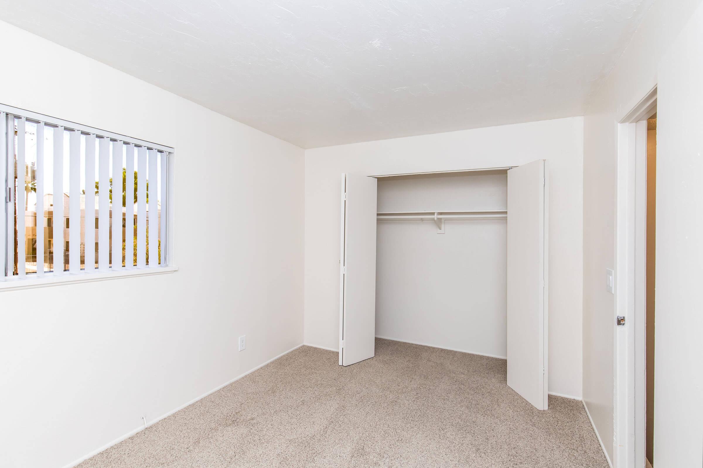 Empty room with light-colored walls and carpeted floor. Features a window with vertical blinds allowing natural light, and an open closet with double doors. The space is unfurnished, giving a clean and minimalistic appearance.