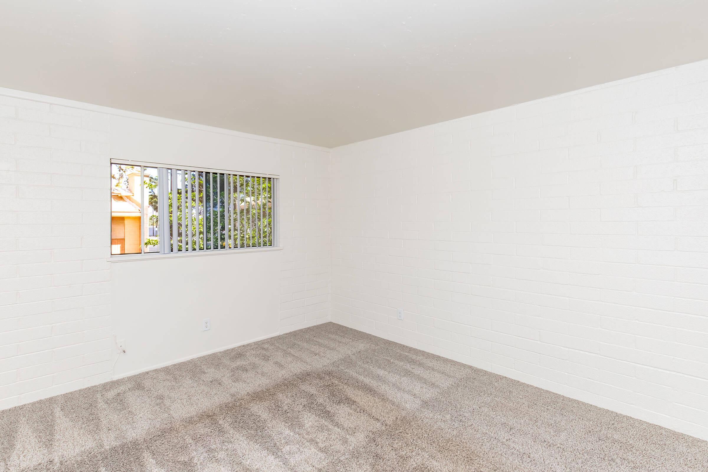 A spacious, empty room with light-colored walls and carpeted flooring. A window with vertical blinds lets in natural light, revealing greenery outside. The room has no furniture, highlighting the clean and minimalist design.