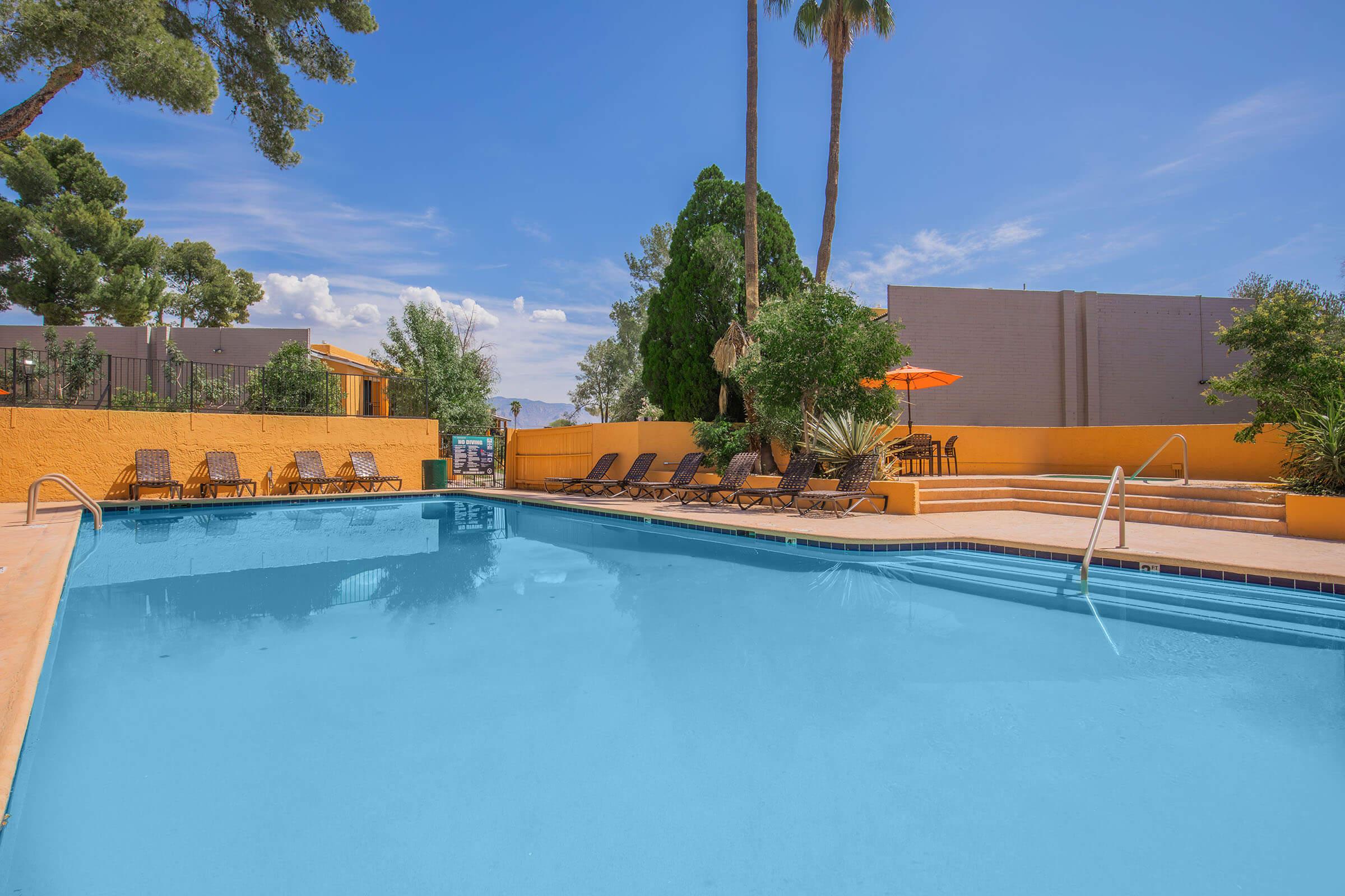 A clear blue swimming pool surrounded by lounge chairs and palm trees. Bright sunshine illuminates the area, with a few umbrellas providing shade. The pool is set against a backdrop of colorful walls and greenery, creating a relaxing outdoor atmosphere.