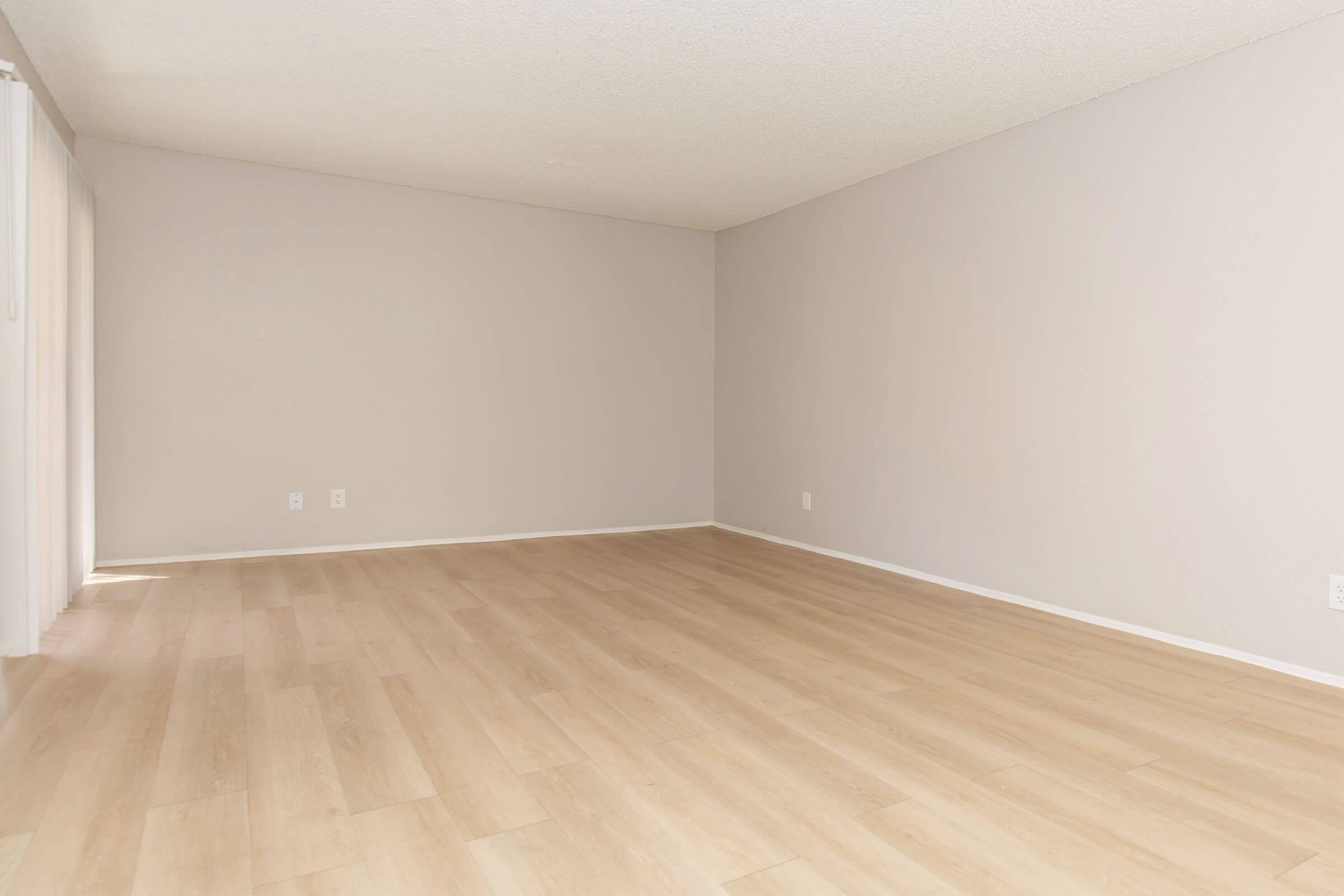 Empty room with light wood flooring and plain light gray walls. There are two white electrical outlets on the wall, and a sliding door on the left that may lead outside. The space has no furniture, providing a minimalistic and spacious appearance.