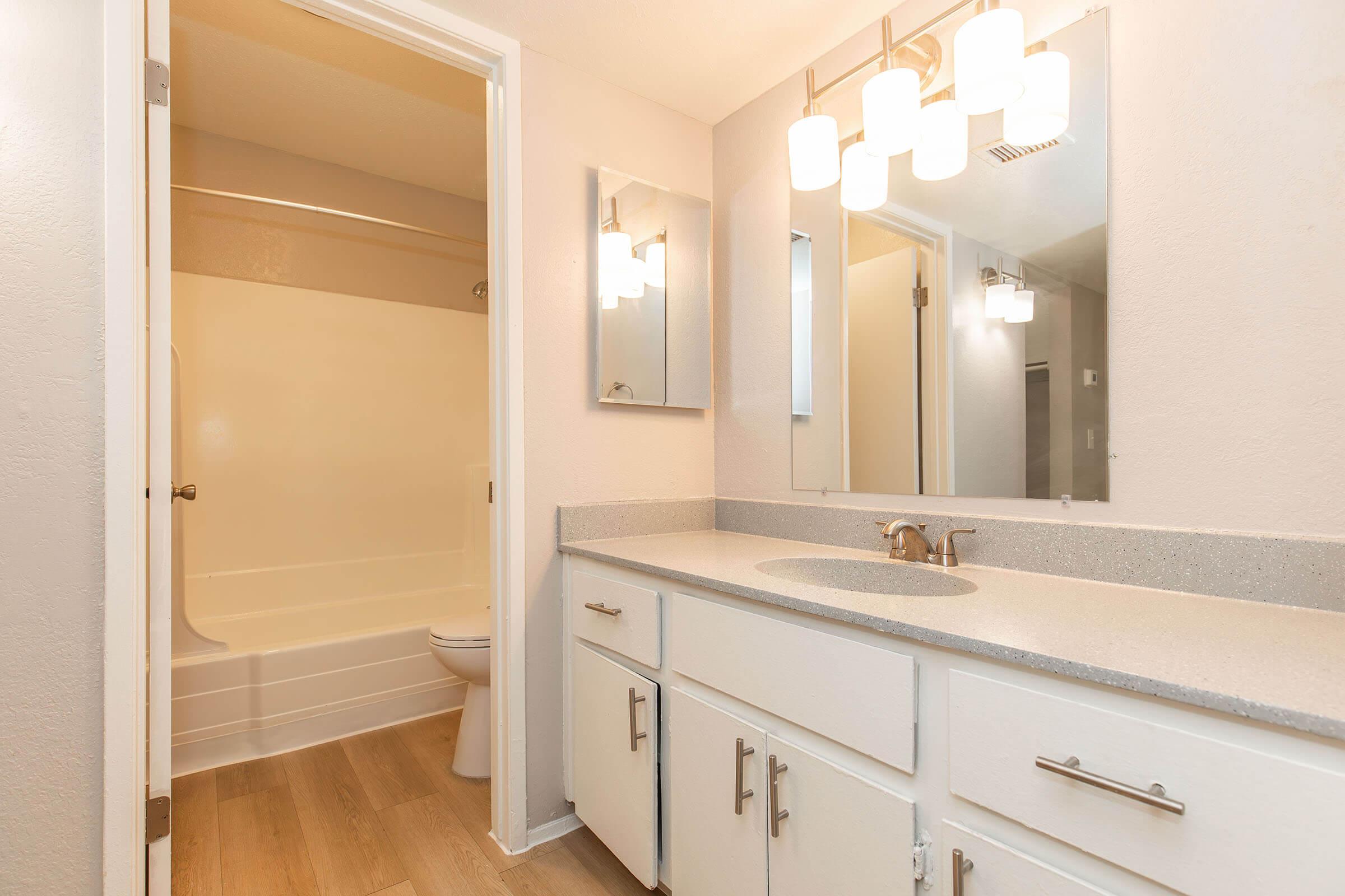 A modern bathroom featuring a double vanity with a sink, a large mirror, and contemporary light fixtures. A white bathtub and shower combination is visible behind a partition. The walls are painted a light color, and the flooring is a neutral wood-like laminate.