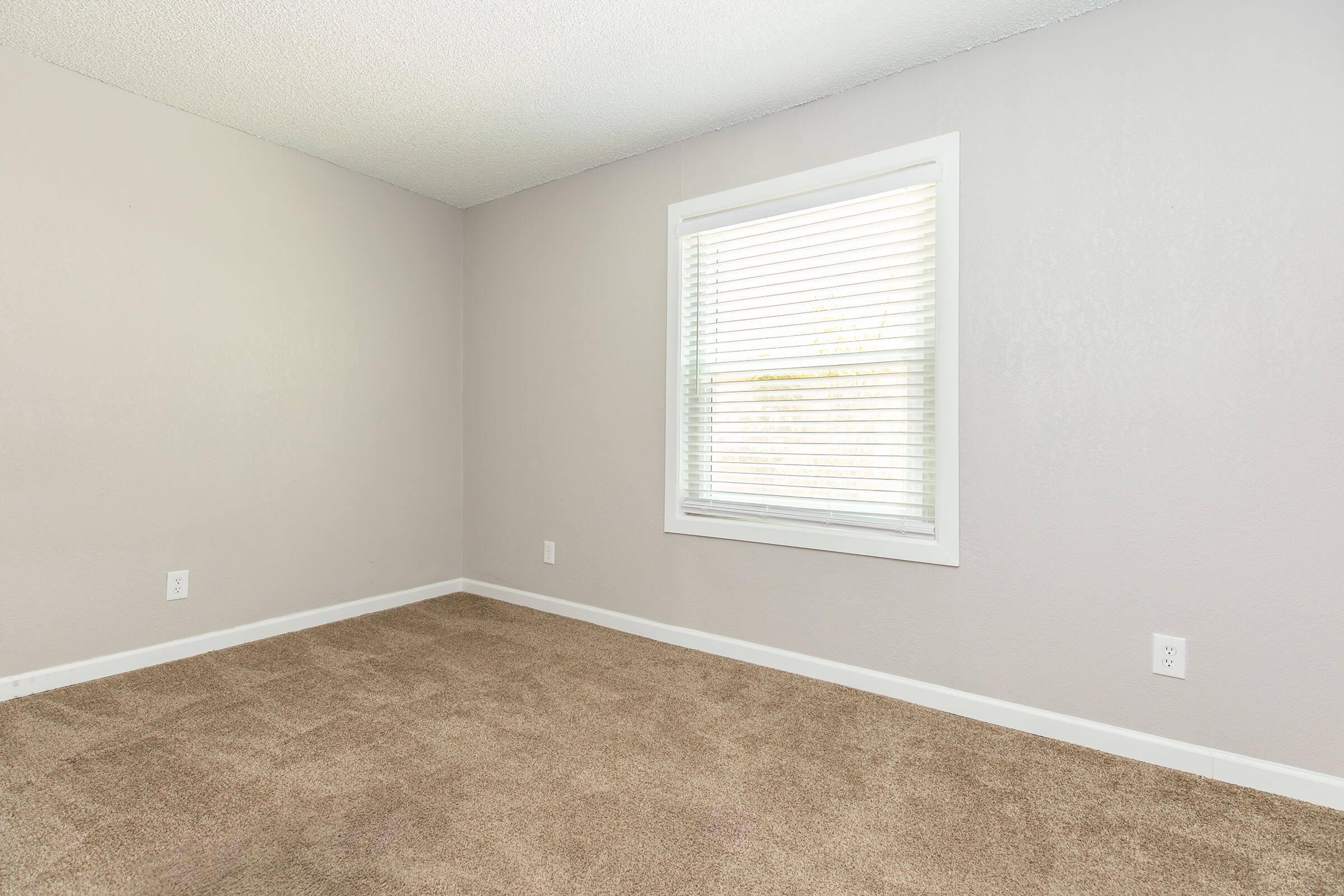 A vacant room with light gray walls and a window covered by white blinds. The floor is carpeted in a light brown shade, and there are no furnishings, creating a spacious and unfurnished appearance.