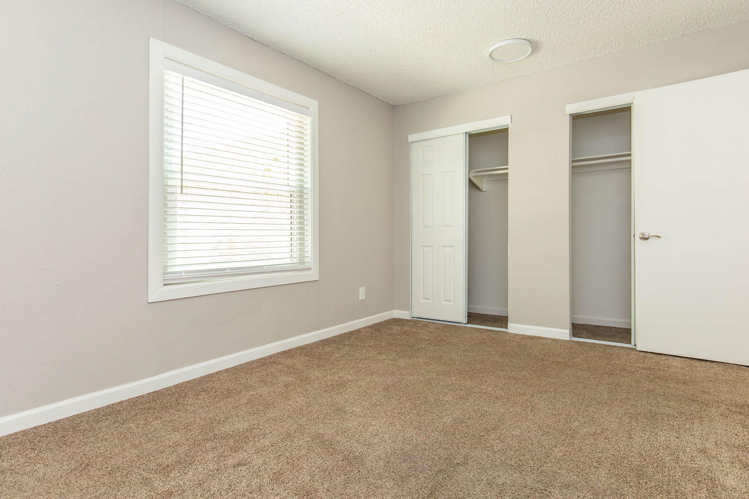 A vacant, well-lit bedroom featuring neutral-colored walls, a window with blinds, and plush carpet flooring. There are two closets, one with sliding doors and another with a hinged door, both empty. The room has a simple, clean design with no furniture present.