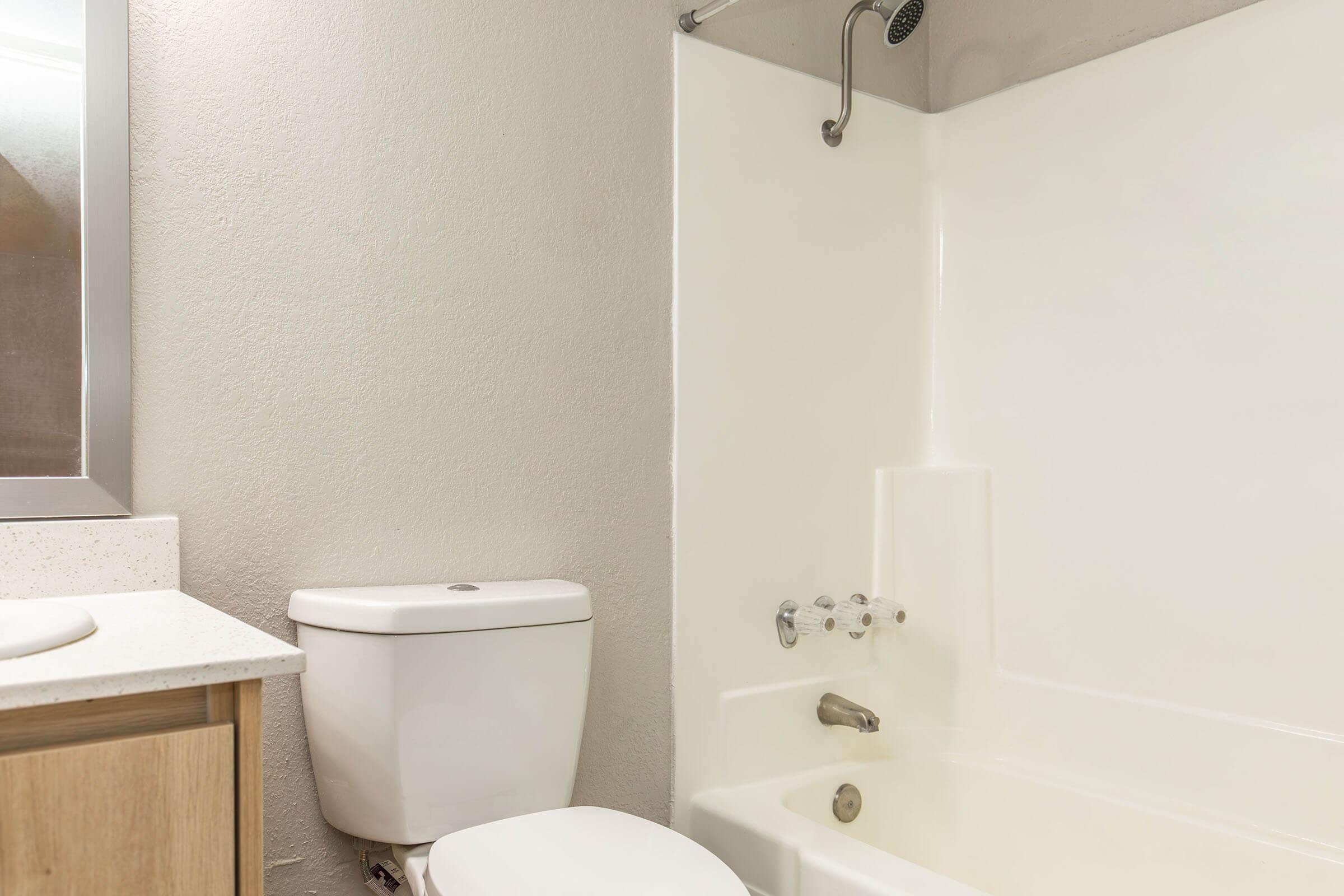 A clean, modern bathroom featuring a white bathtub with a shower above, a white toilet, and a light-colored vanity with a sink. The walls are painted in a neutral tone, and there is a large mirror above the sink, creating an open and inviting space.