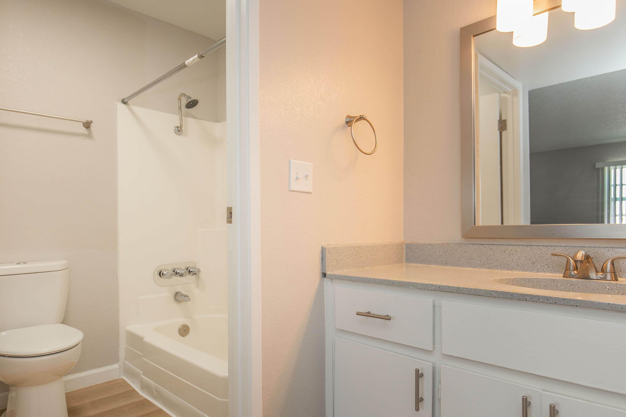A clean and modern bathroom featuring a white toilet, a shower with clear glass doors, and a light-colored countertop with white cabinetry. The space is well-lit with a mirror and wall-mounted towel holder, showcasing neutral-colored walls and light wood flooring.