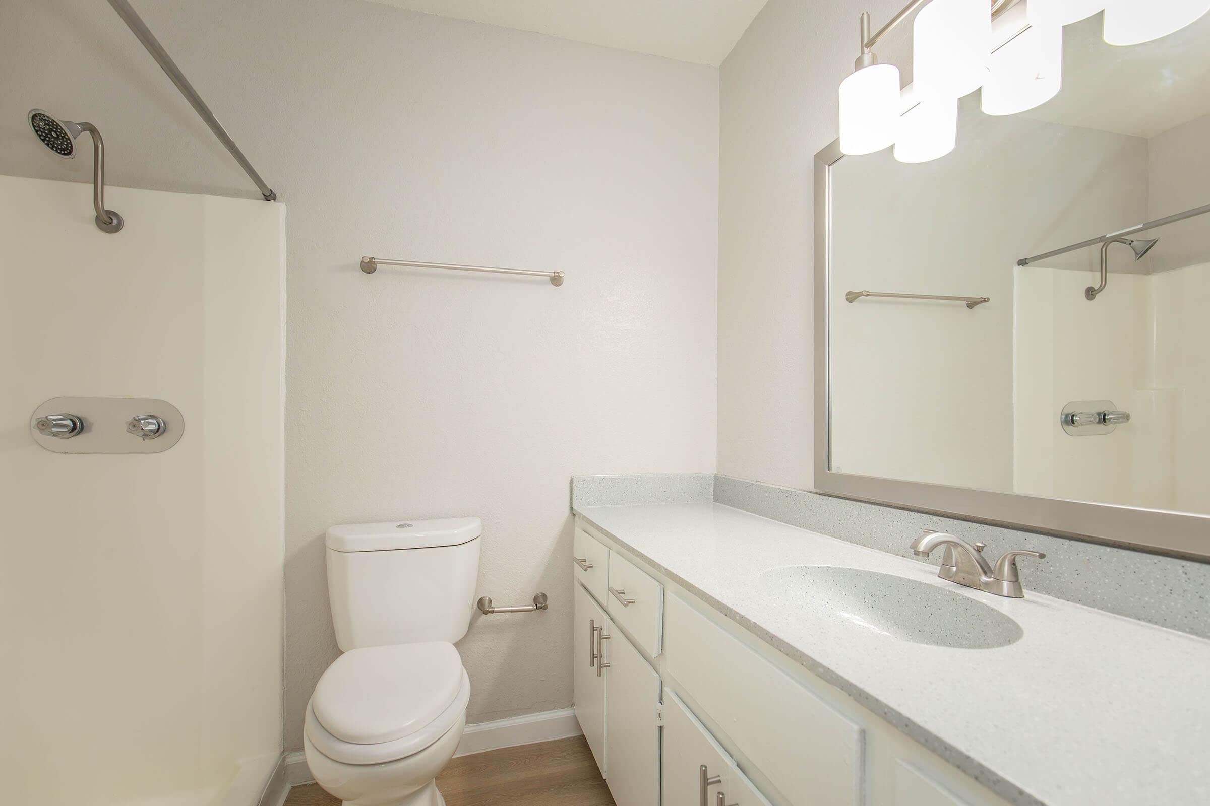 A clean and modern bathroom featuring a white toilet, a shower with a glass door, a large mirror above a light-colored countertop, and a stylish light fixture above. The walls are painted in a soft light color, and the floor has a wood-like appearance.