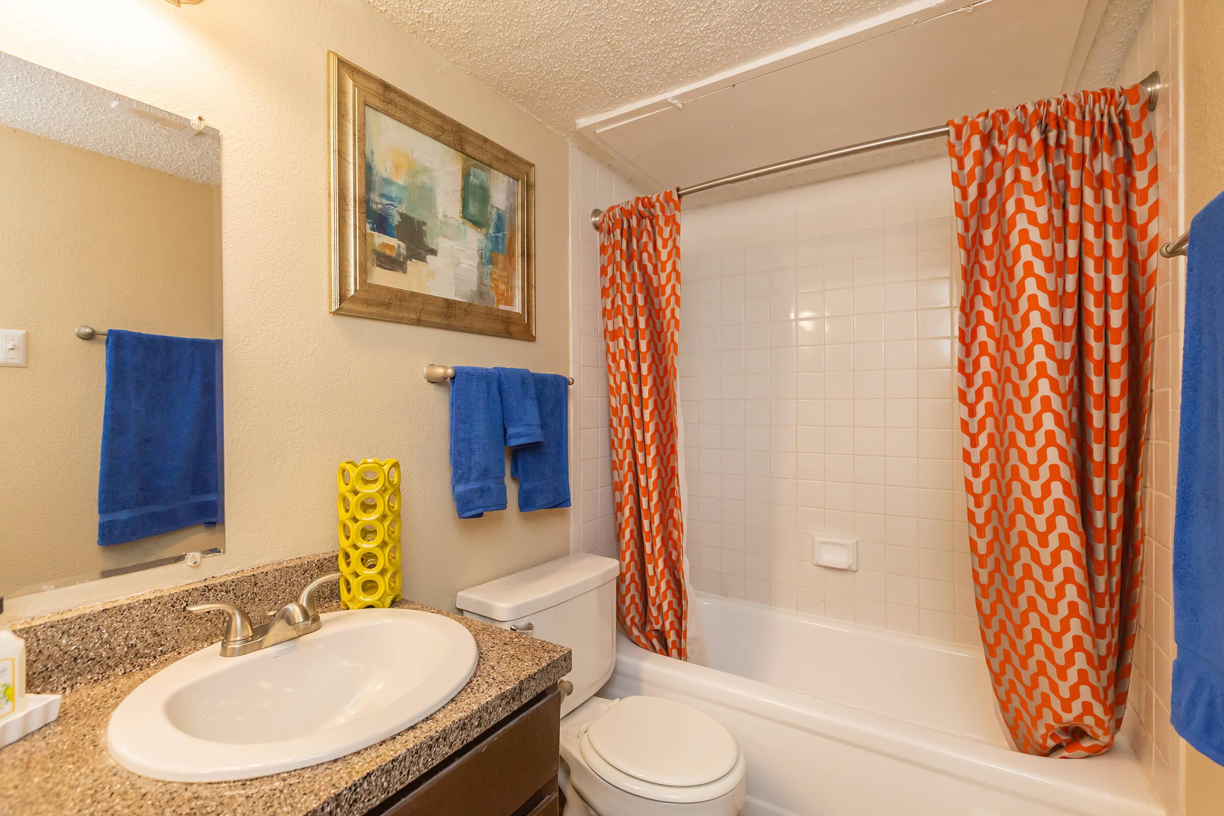 a blue and white shower curtain