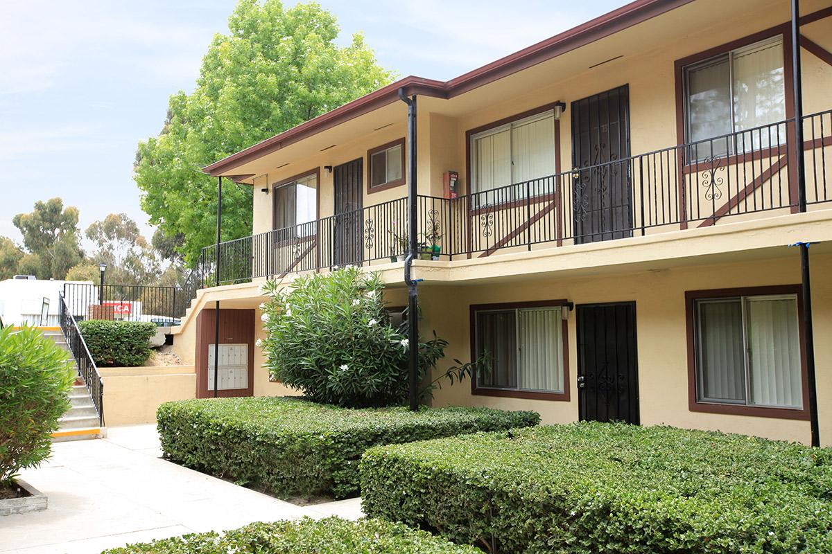 a house with bushes in front of a building