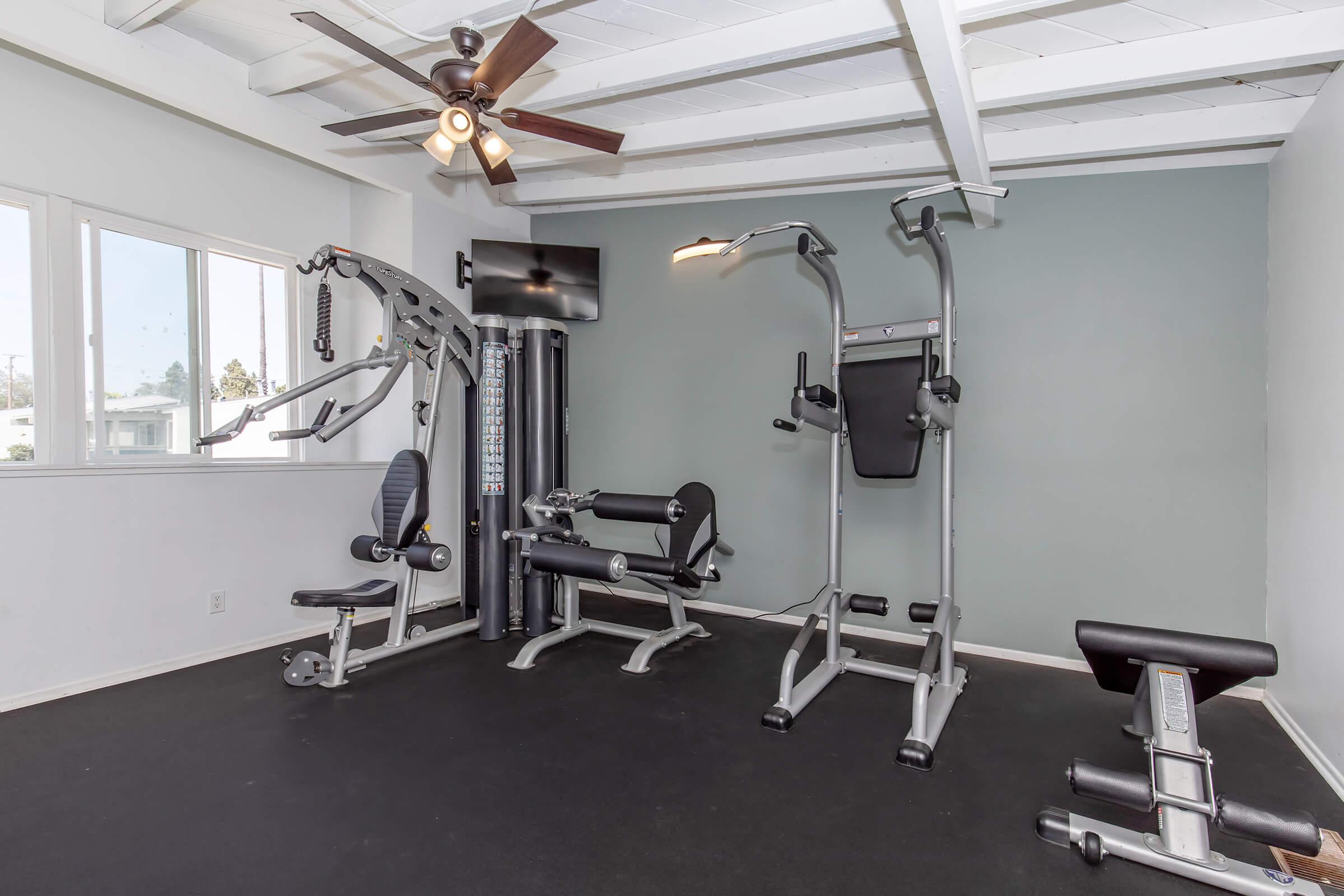 A well-lit home gym featuring various exercise equipment, including a multi-station home gym machine, a weight bench, and a leg press. The gym has a ceiling fan and large windows, allowing natural light to illuminate the space, with a light green wall providing a fresh ambiance.