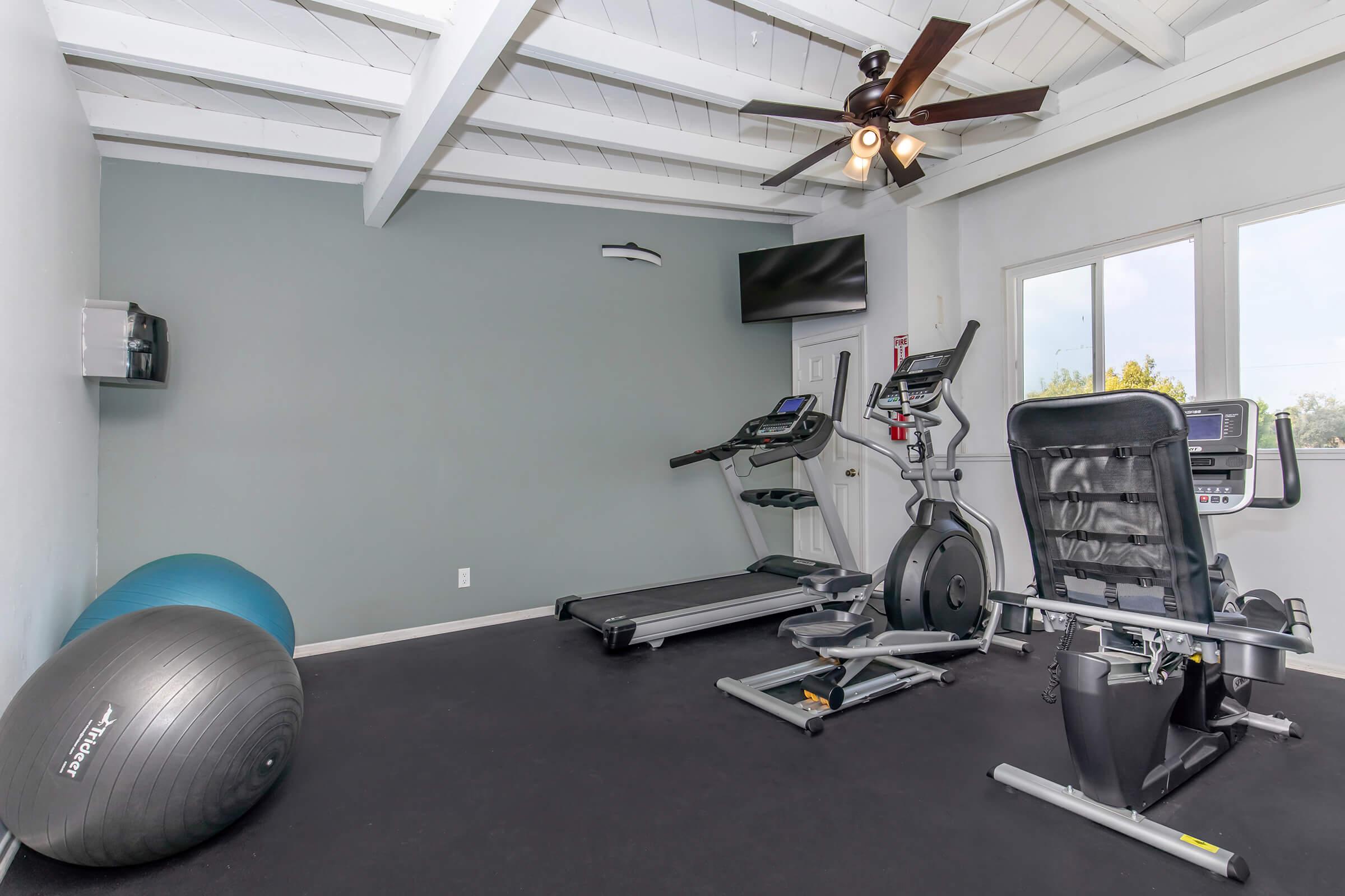 A fitness room featuring an elliptical machine, a treadmill, a stationary bike, an exercise ball, and a ceiling fan. The walls are painted gray, with large windows allowing natural light to enter, and a flat-screen TV mounted on the wall. The floor is black, creating a modern workout space.