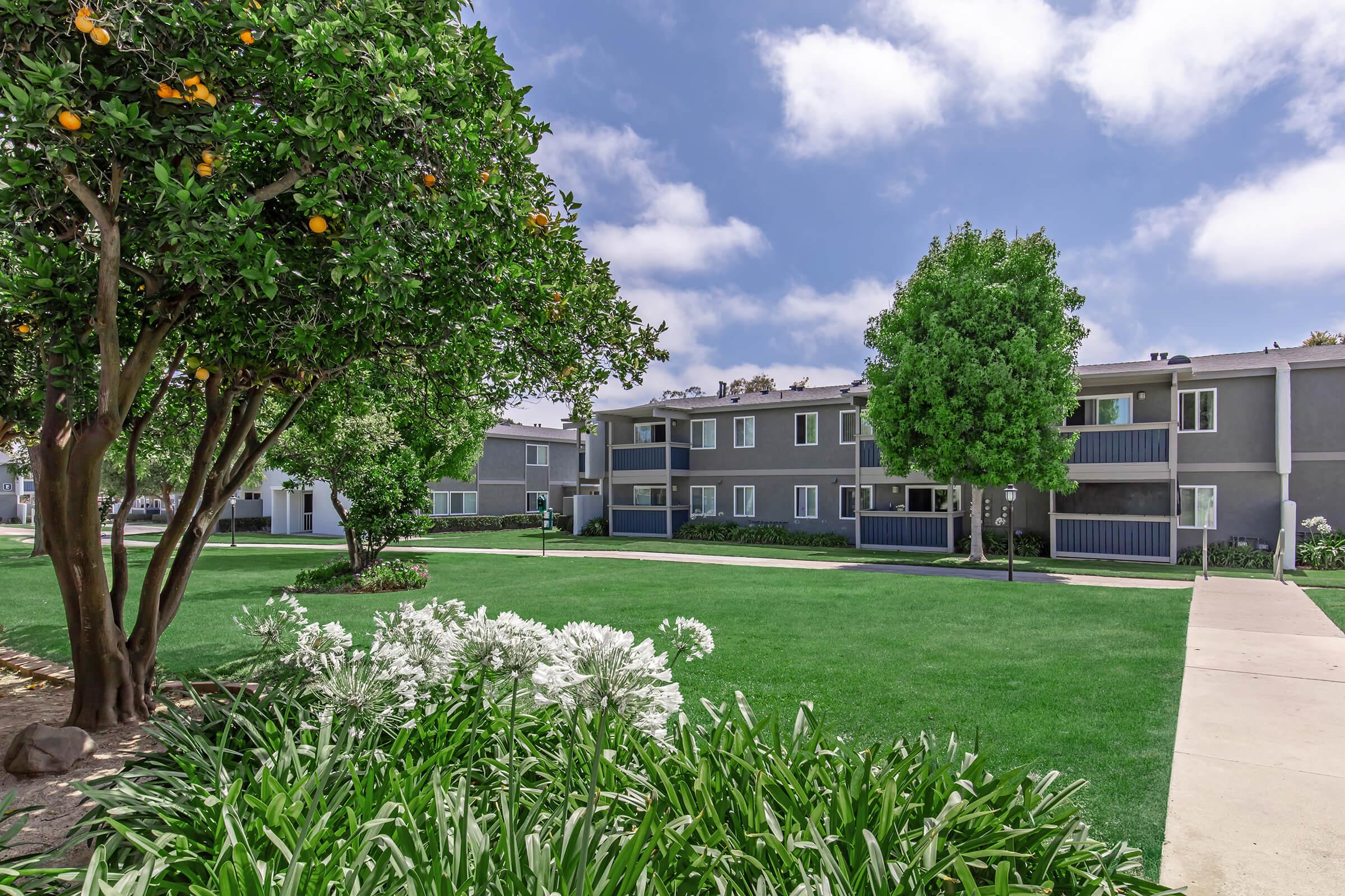 A view of a well-maintained apartment complex surrounded by lush green lawns. Flowering plants are in the foreground, with trees bearing oranges adjacent to the buildings. The sky is partly cloudy, creating a bright and inviting atmosphere. The architecture features a modern design with multiple levels.