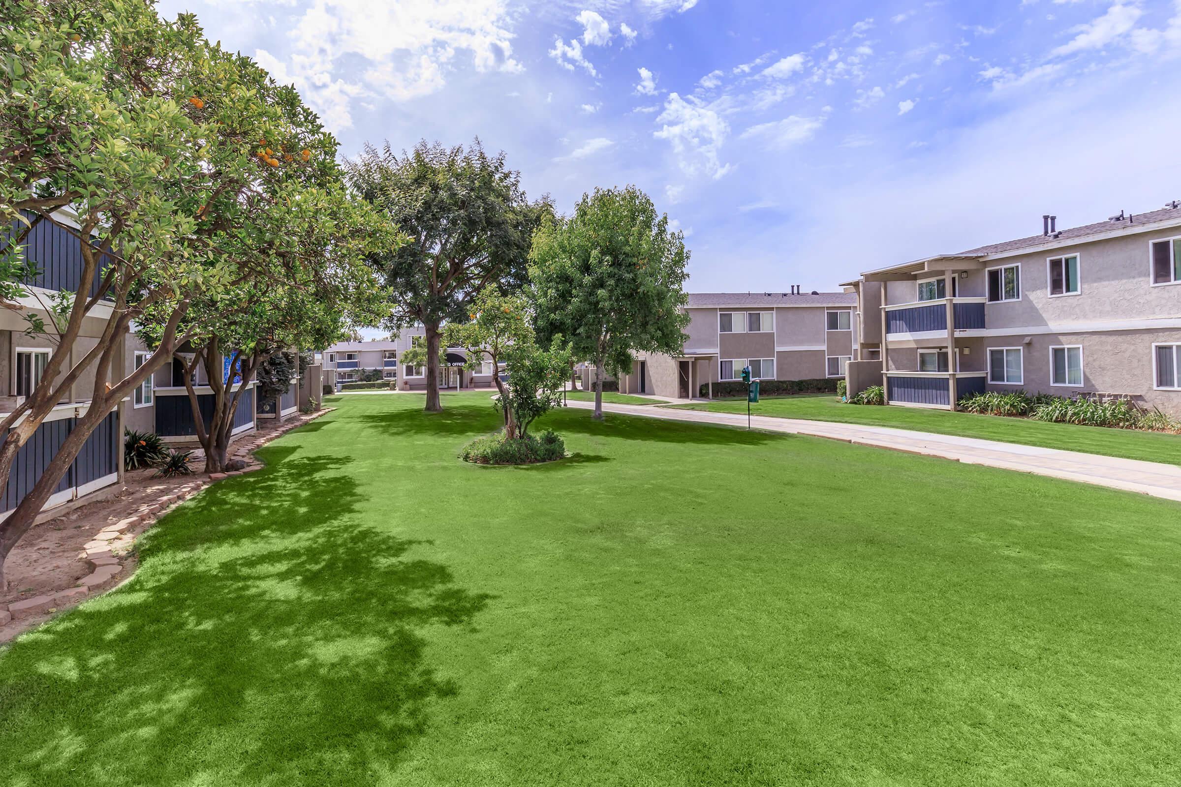 A well-maintained residential area featuring green grass, trees, and multi-story apartment buildings. The sky is clear with a few clouds, creating a bright and inviting atmosphere. A pathway runs through the center, leading toward the buildings, enhancing the communal feel of the space.