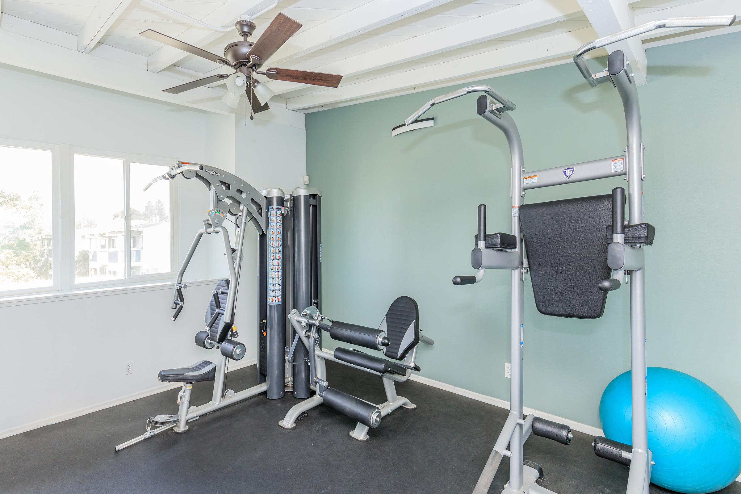 A bright home gym featuring a multi-station workout machine, an exercise bike, and a stability ball. The room has a ceiling fan and large windows that allow natural light to fill the space, enhancing the workout environment. The walls are painted in a calming green color.