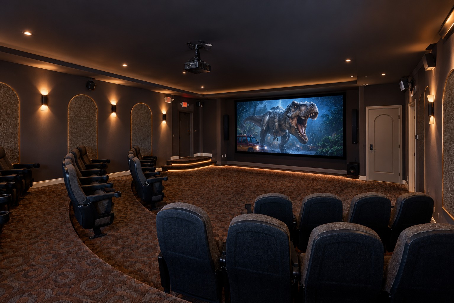 A home theater room featuring plush, dark gray seating arranged in a semi-circle. A large screen displays a dramatic image of a roaring dinosaur in a lush environment. The walls are adorned with ambient lighting, and there is a projector mounted on the ceiling, enhancing the cinematic atmosphere.