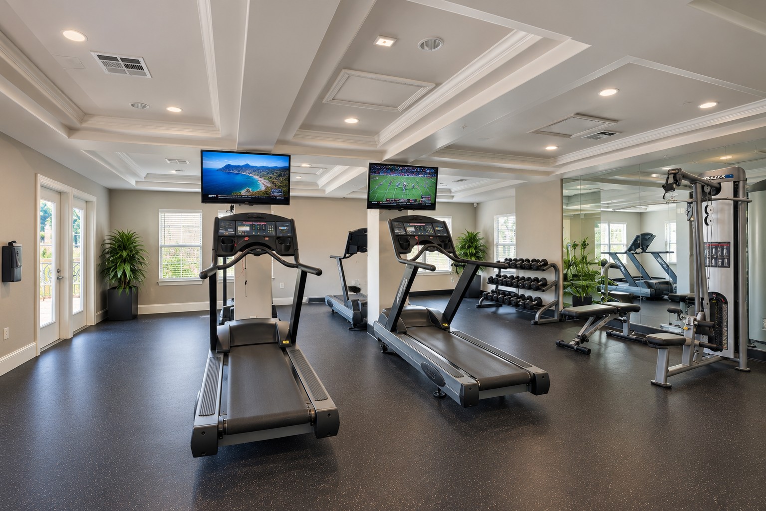 A modern gym with two treadmills facing two wall-mounted televisions. There are dumbbells on a rack and another piece of exercise equipment in the corner. The space features large windows with natural light, potted plants, and a sleek ceiling design. The flooring is dark rubberized material for safety and comfort.