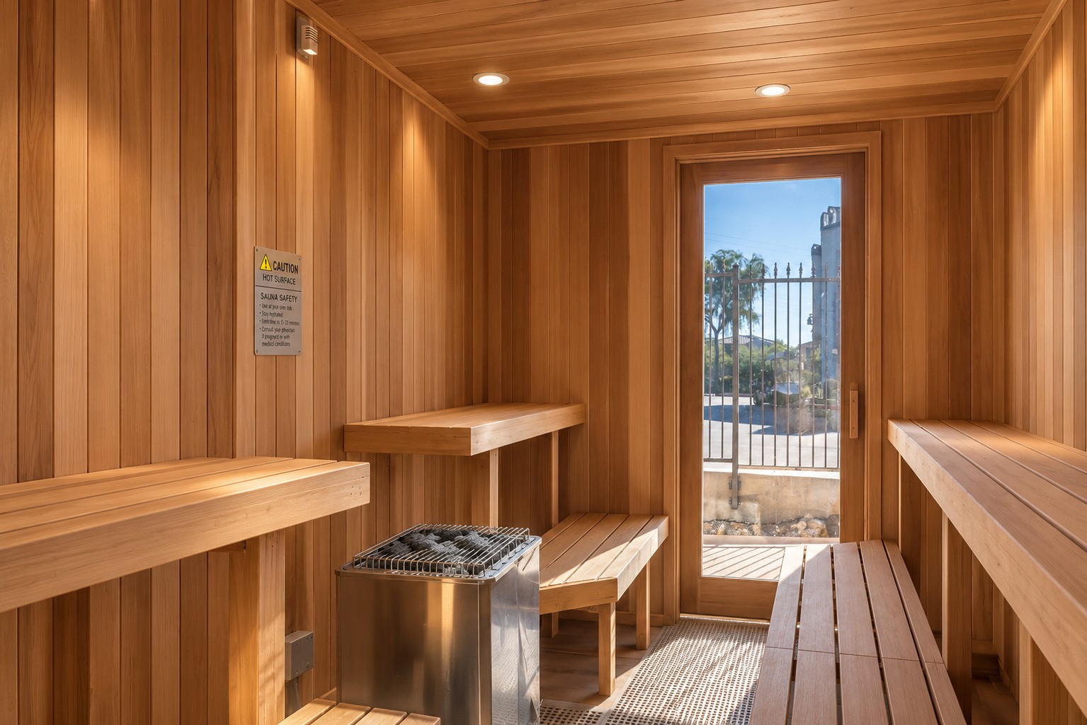 Interior of a wooden sauna featuring wooden benches and a small metal stove. Natural light enters through a glass door leading outside, with a view of palm trees. A caution sign is visible on the wall. The setting evokes a warm and relaxing atmosphere.