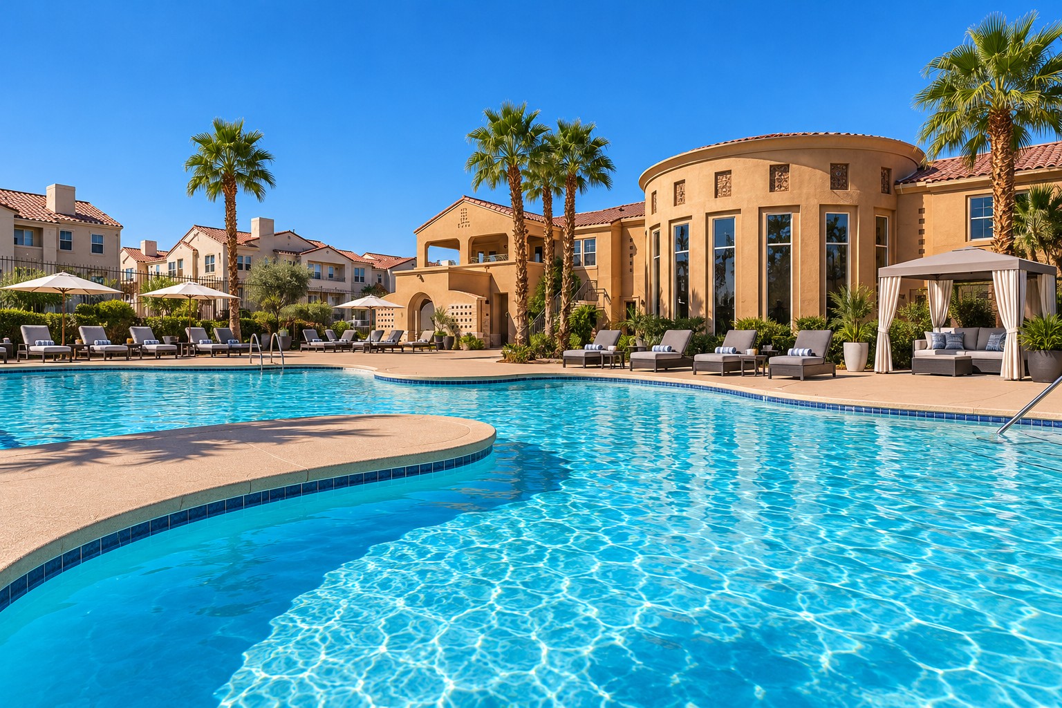 A sunny pool area with crystal-clear water, featuring loungers and umbrellas. In the background, a stylish building with large windows and palm trees creates a relaxing atmosphere. The sky is bright blue, enhancing the serene, resort-like setting.