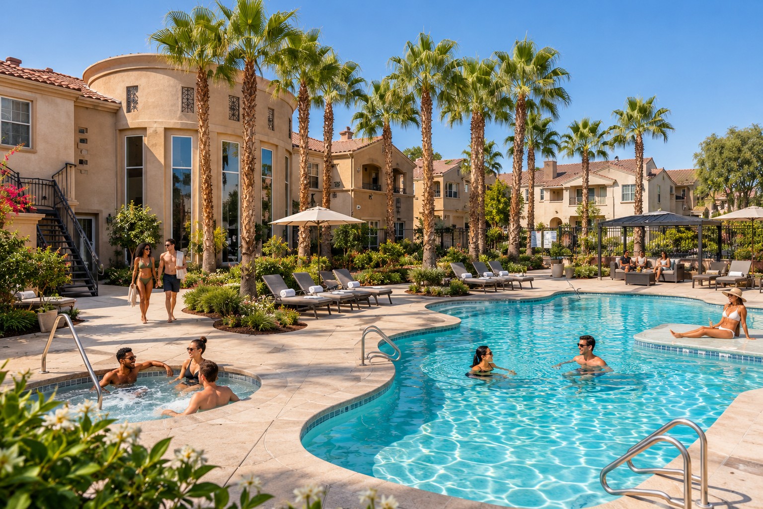 A vibrant outdoor pool area surrounded by palm trees and lush landscaping. People are enjoying themselves in the water and relaxing in lounge chairs. Some are in a hot tub, while others converse at the edge of the pool under shaded umbrellas. Beautiful, sunny skies enhance the inviting atmosphere.