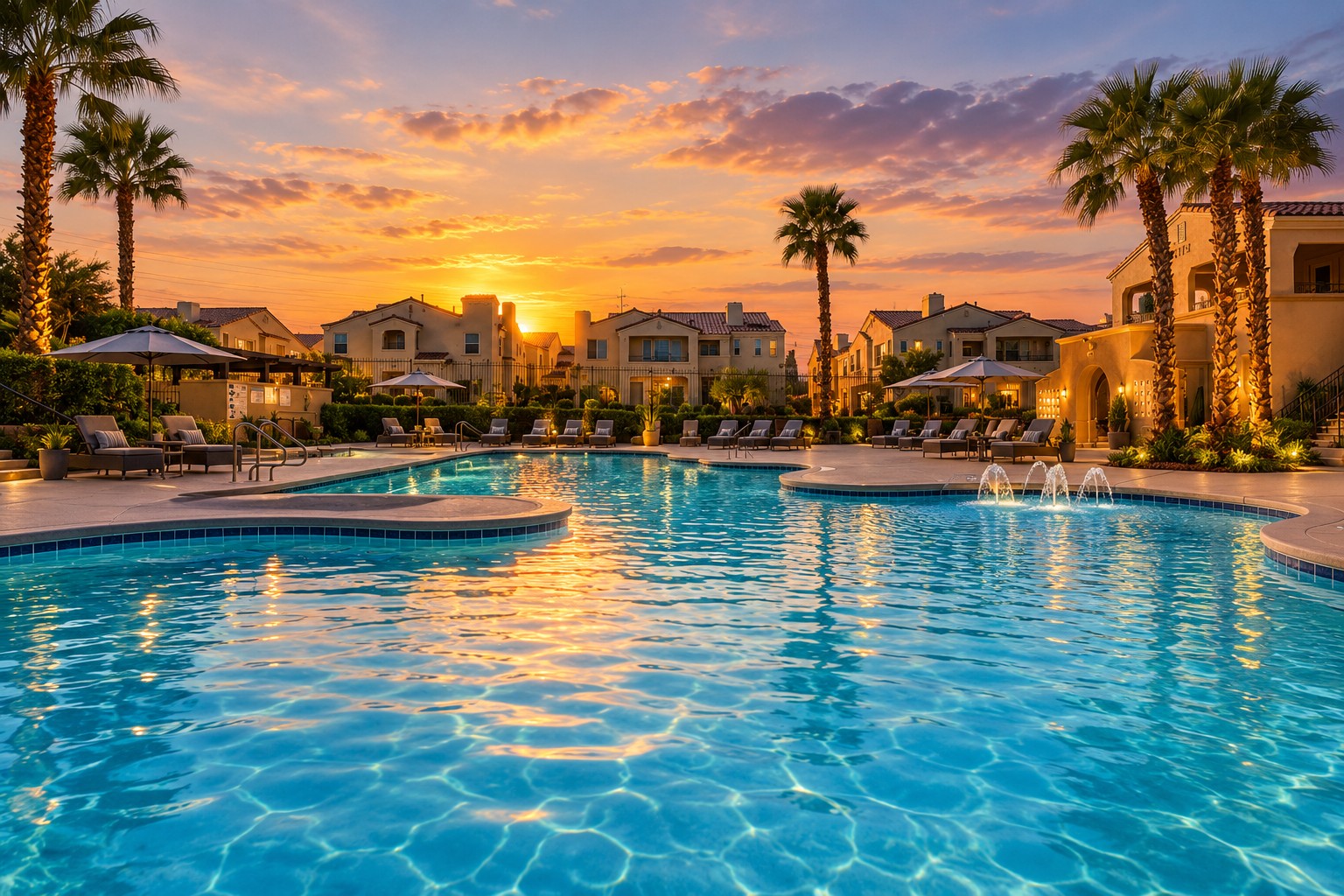 A serene pool scene at sunset, featuring vibrant orange and purple skies. The calm water reflects the colorful sky and surrounding palm trees. Modern homes are visible in the background, with lounge chairs arranged around the pool, creating a tranquil and inviting atmosphere.