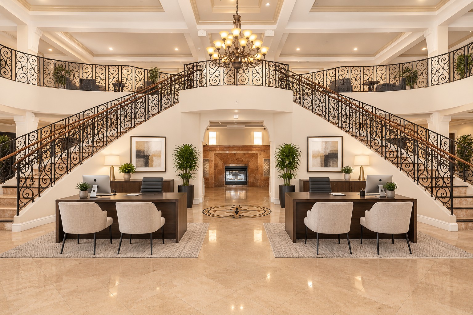 Elegant lobby with a grand staircase featuring intricate wrought iron railings. Two modern workstations with computers are positioned at the base of the staircase, surrounded by decorative plants. Soft lighting from a large chandelier illuminates the space, creating a warm and inviting atmosphere.
