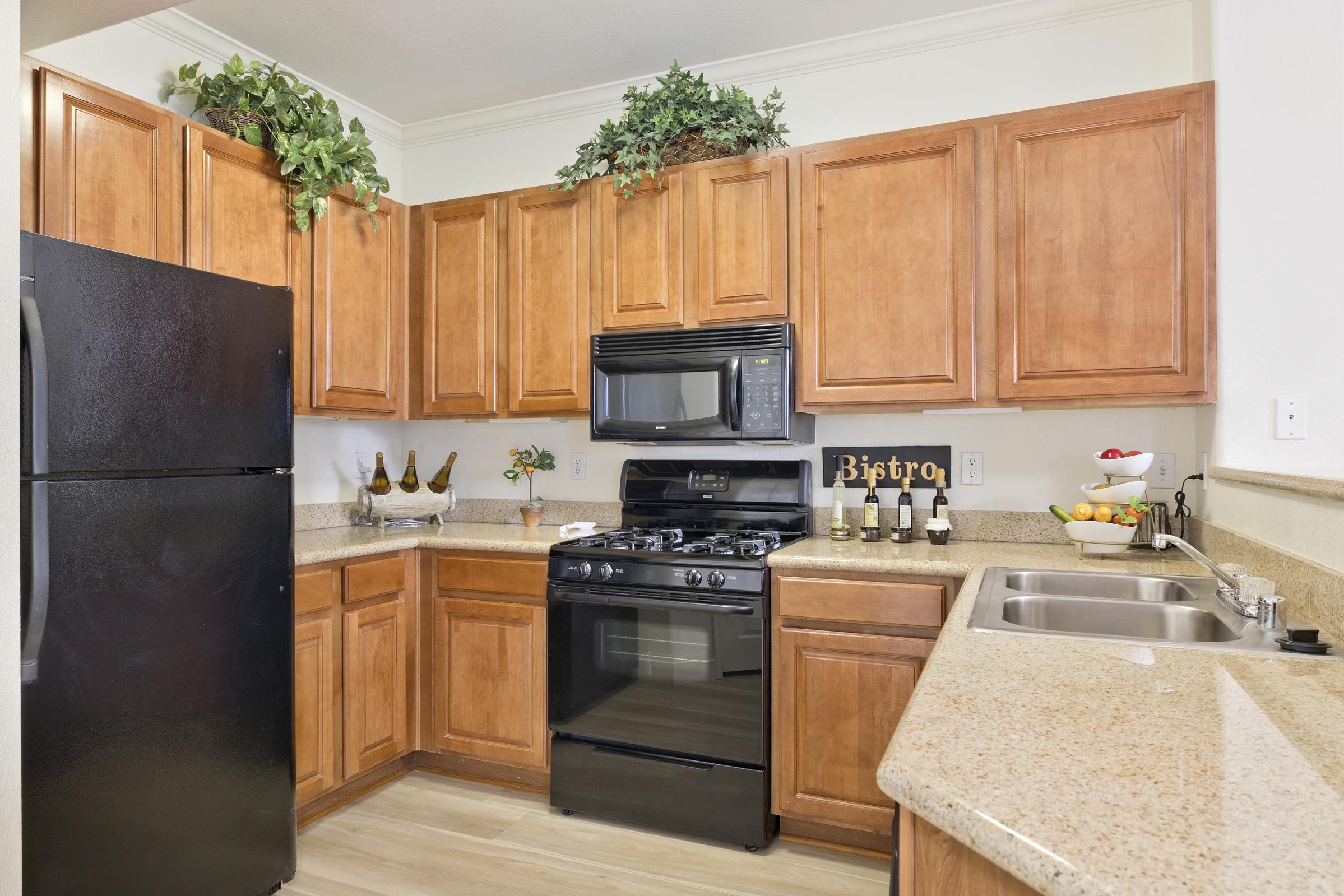 A modern kitchen featuring wooden cabinets, a black refrigerator, and a black gas stove. The countertop is made of light-colored granite, with a sink and various kitchen items arranged. Decorative plants and bottles are placed on the shelves, and there are fruits displayed in a bowl nearby.