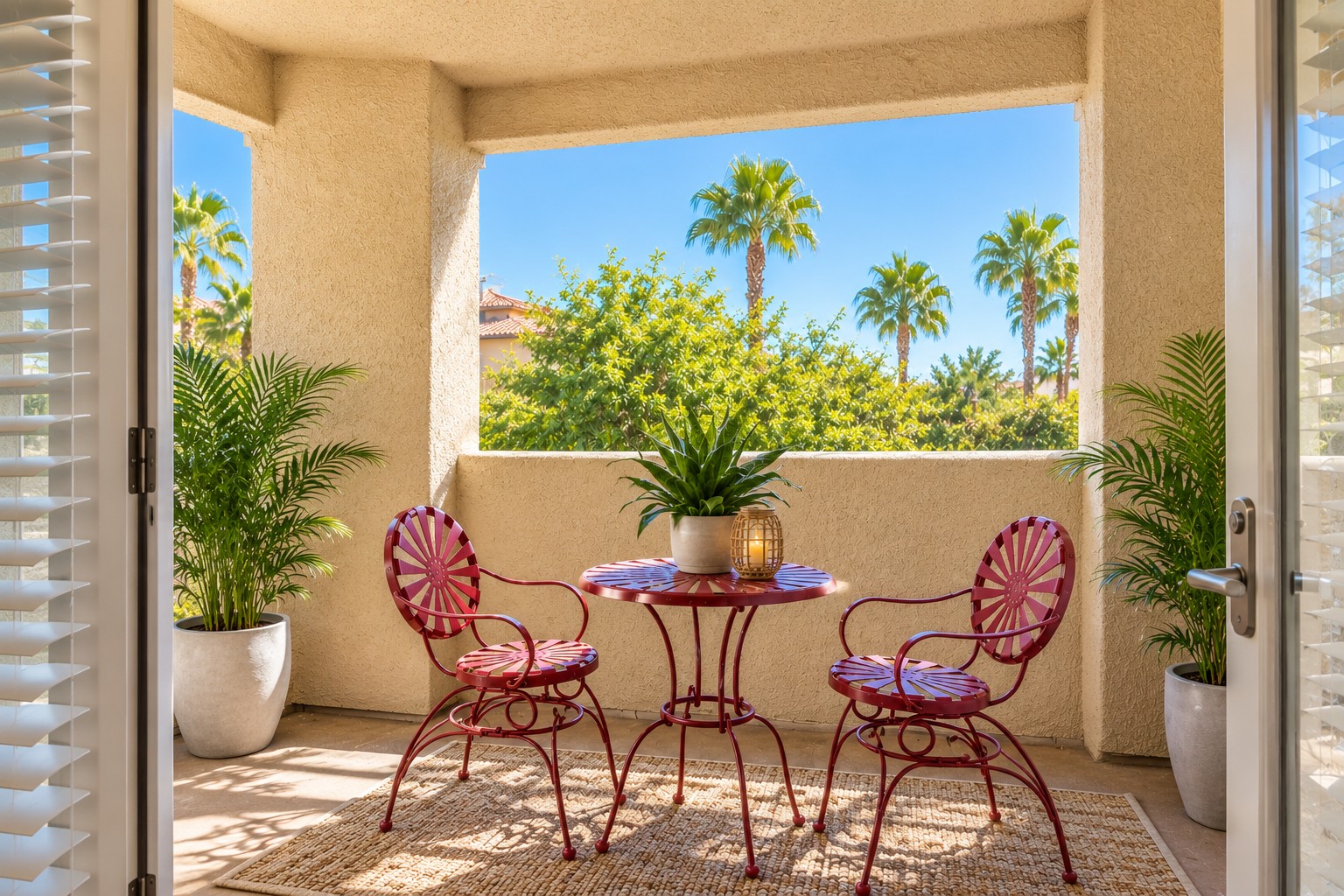 A cozy balcony featuring two red metal chairs and a small round table, surrounded by potted plants and palm trees outside. The bright blue sky enhances the inviting atmosphere, making it a perfect spot for relaxation or morning coffee.