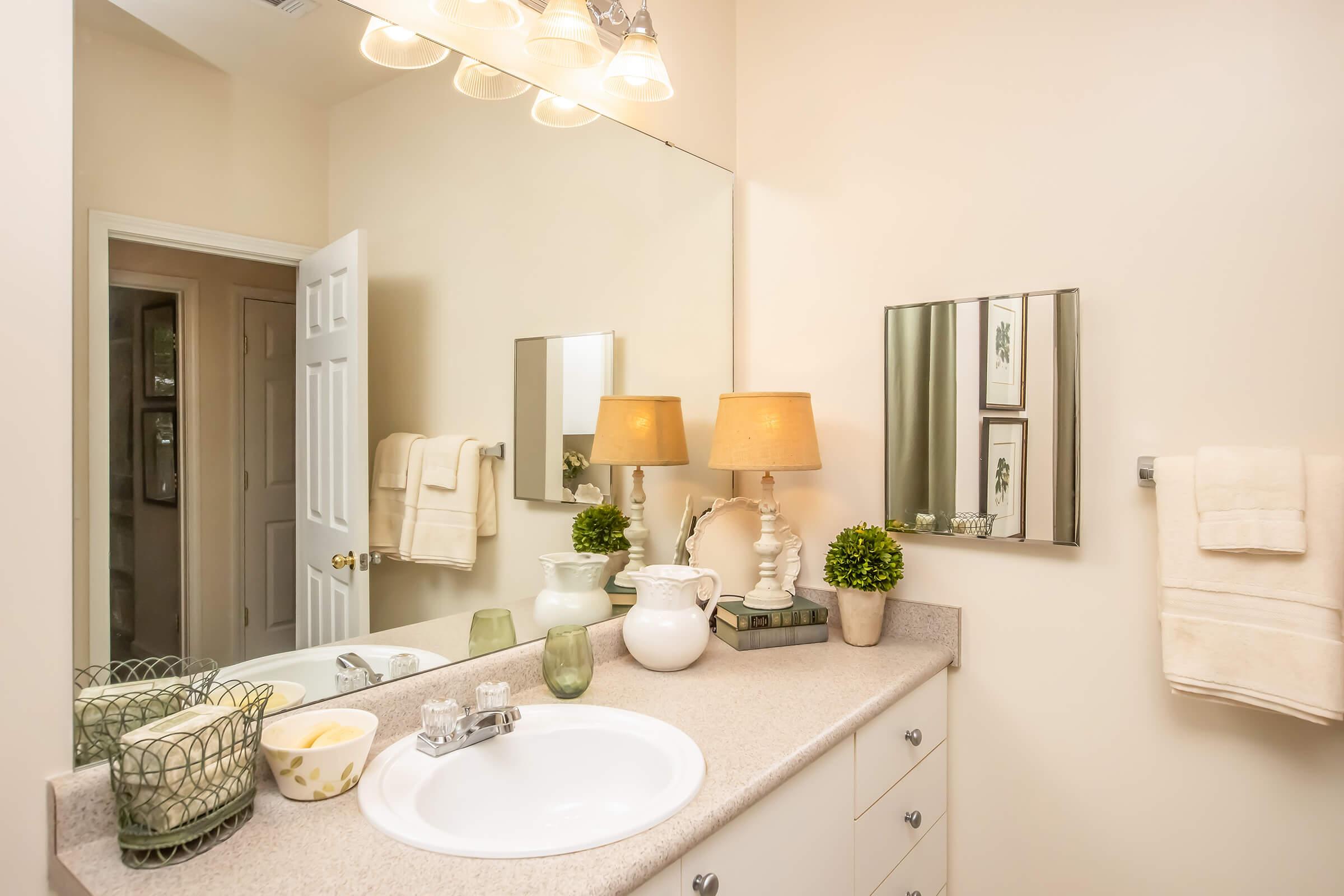 Bright and modern bathroom featuring a double sink vanity with a light-colored countertop. Decorative items include potted plants, a pitcher, and a bowl. There are two lamps on either side of the mirror, which reflects the room. Light-colored walls add to the spacious feel. A door leads to another area.