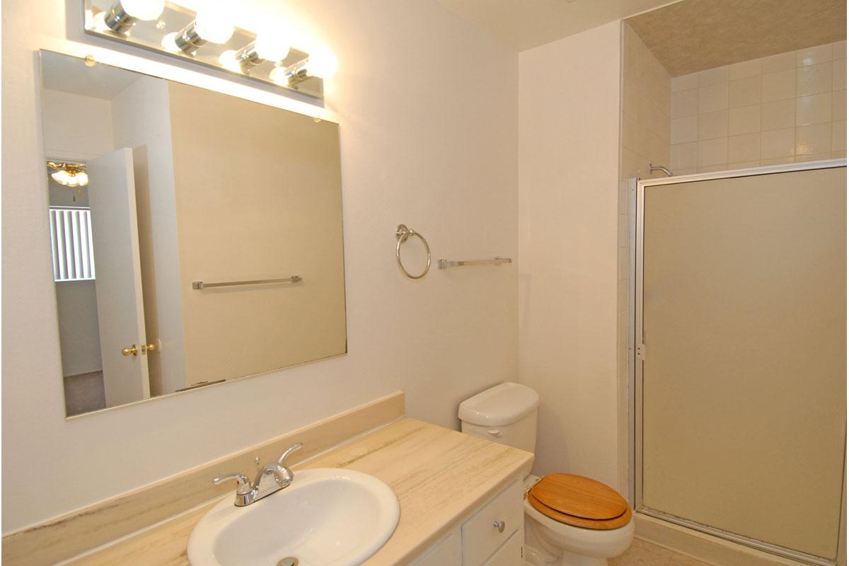 a white sink sitting under a mirror