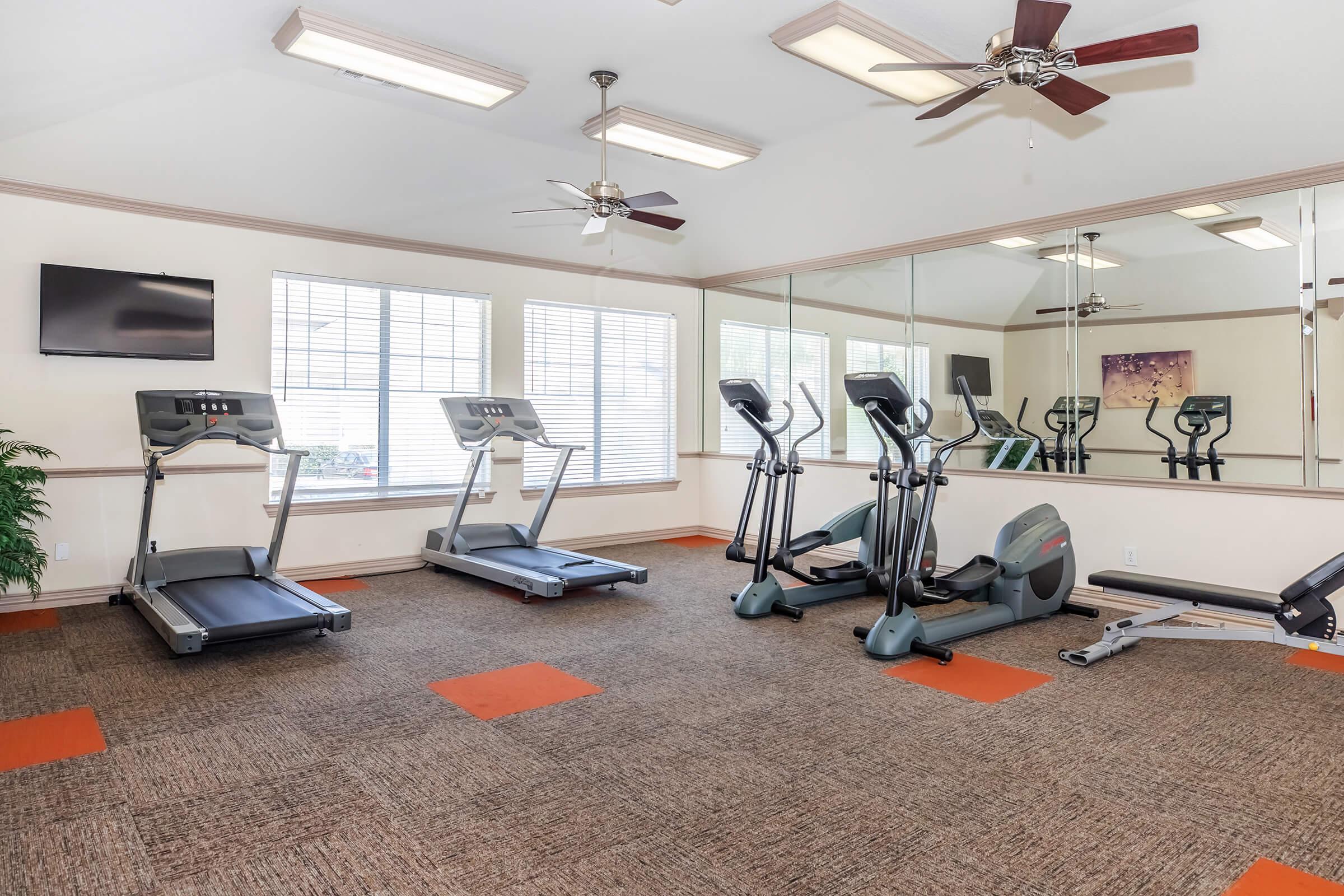 A bright and spacious gym area featuring three exercise machines: two treadmills and an elliptical trainer, along with a weight bench. Large windows provide natural light, and a flat-screen TV is mounted on the wall. The room has ceiling fans and is decorated with soft carpeting.