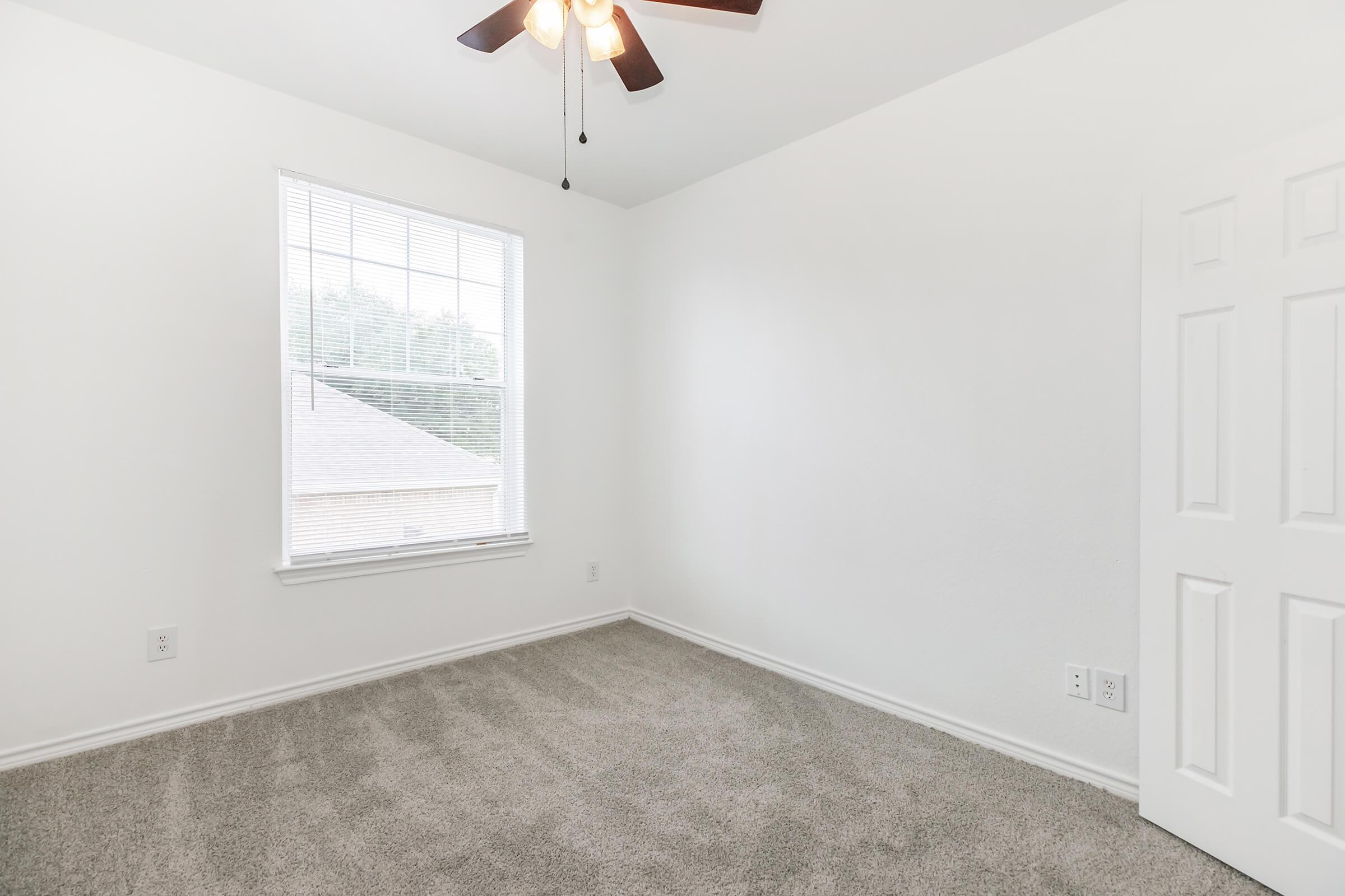 Empty room with light gray carpet, white walls, and a ceiling fan. A window with blinds lets in natural light and overlooks an outdoor area. There's a closed white door on the right side of the image. The space appears clean and well-maintained, suitable for various uses.