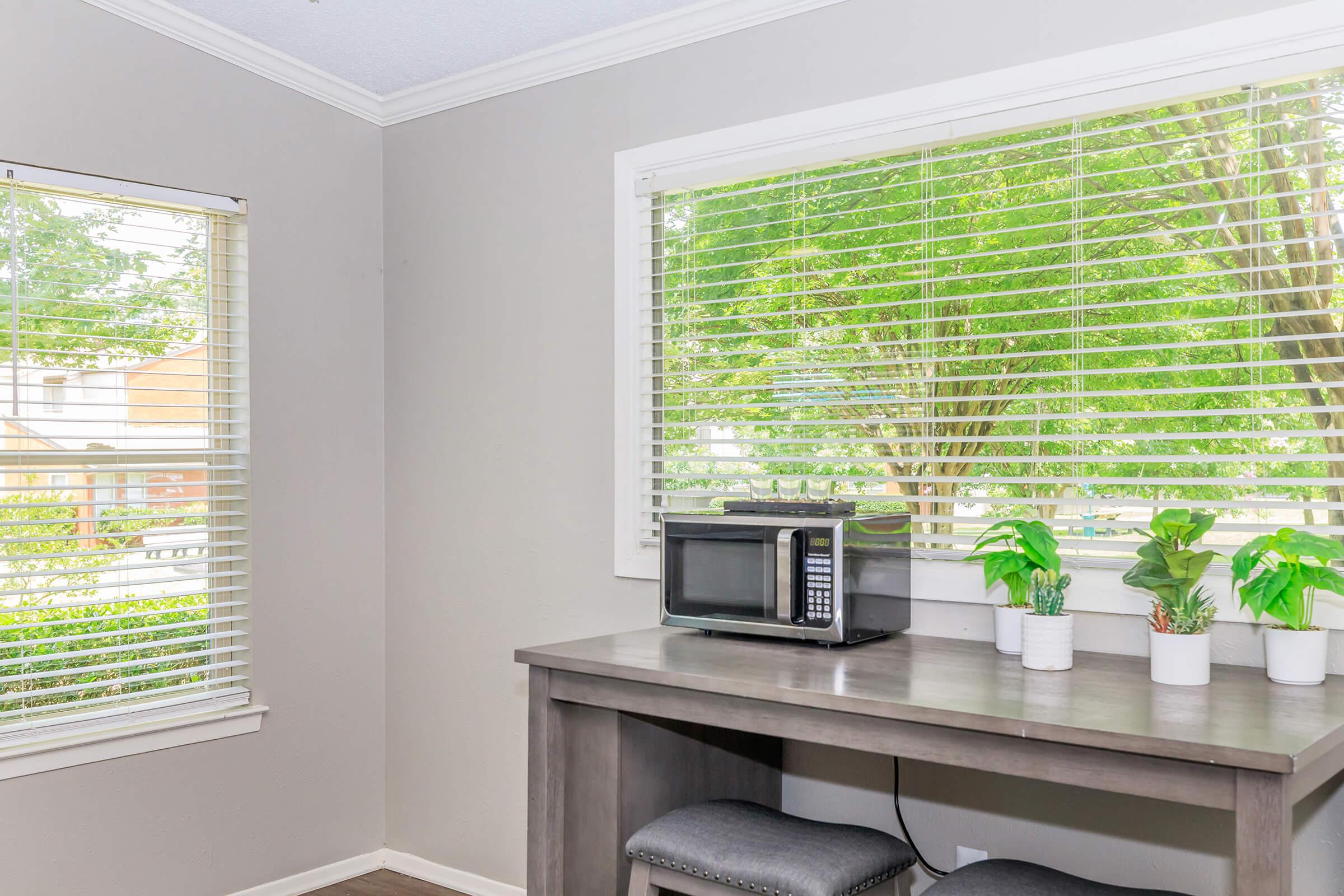 A cozy room featuring a gray wall, a wooden table with two chairs, a microwave on the table, and potted plants. Natural light streams through two windows adorned with blinds, offering a view of green trees outside.