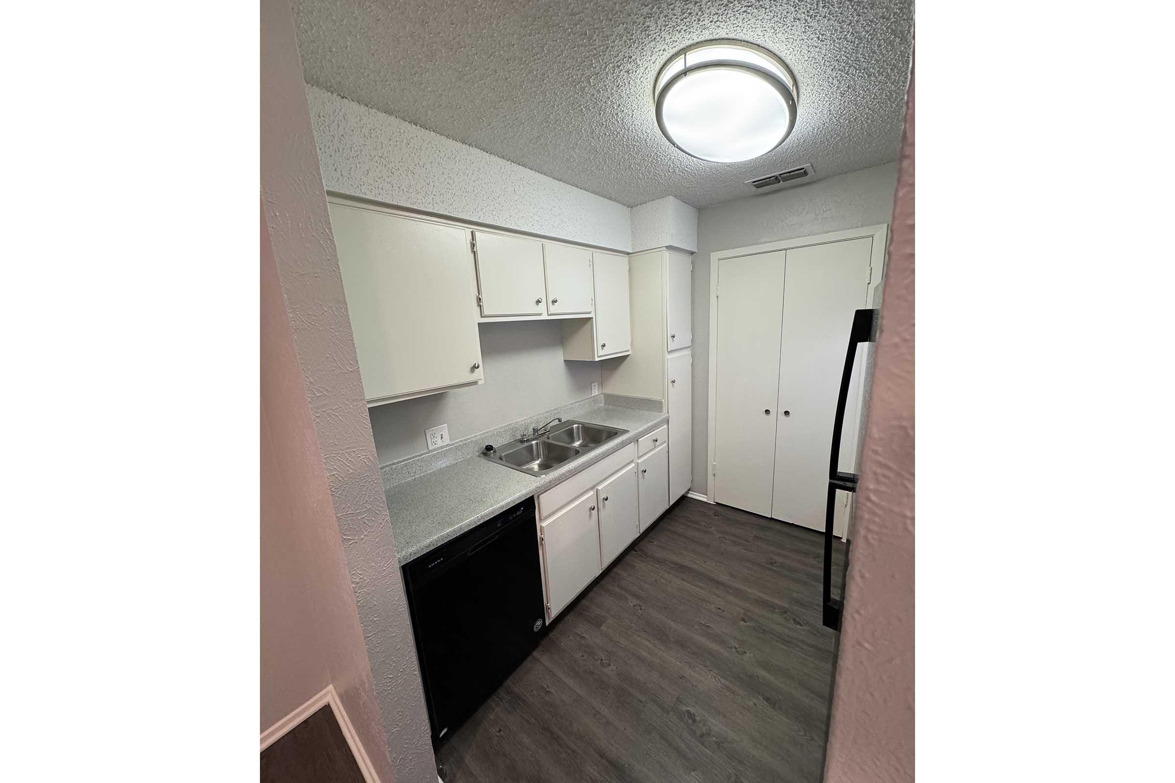 A small, modern kitchen with white cabinets, a gray countertop, a double sink, and a black dishwasher. The floor is a light wood laminate. There is an overhead light fixture, and a doorway leading to another room is visible.
