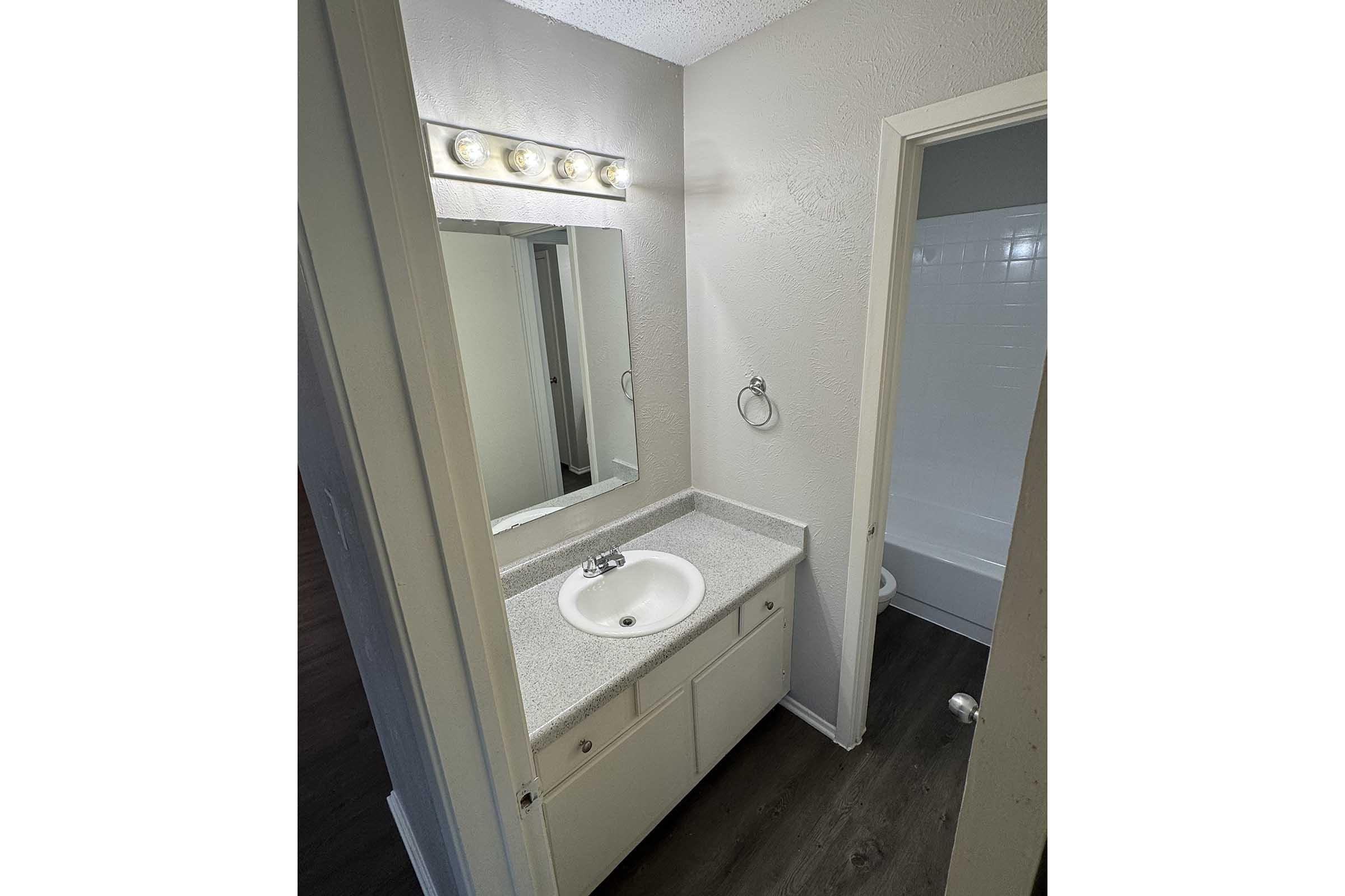 A small bathroom featuring a countertop with a sink, a large mirror above it, a light fixture, and a towel ring. The space has light-colored walls, wood-like flooring, and a doorway leading to a shower/tub area. Natural light appears to enter from an adjacent room.