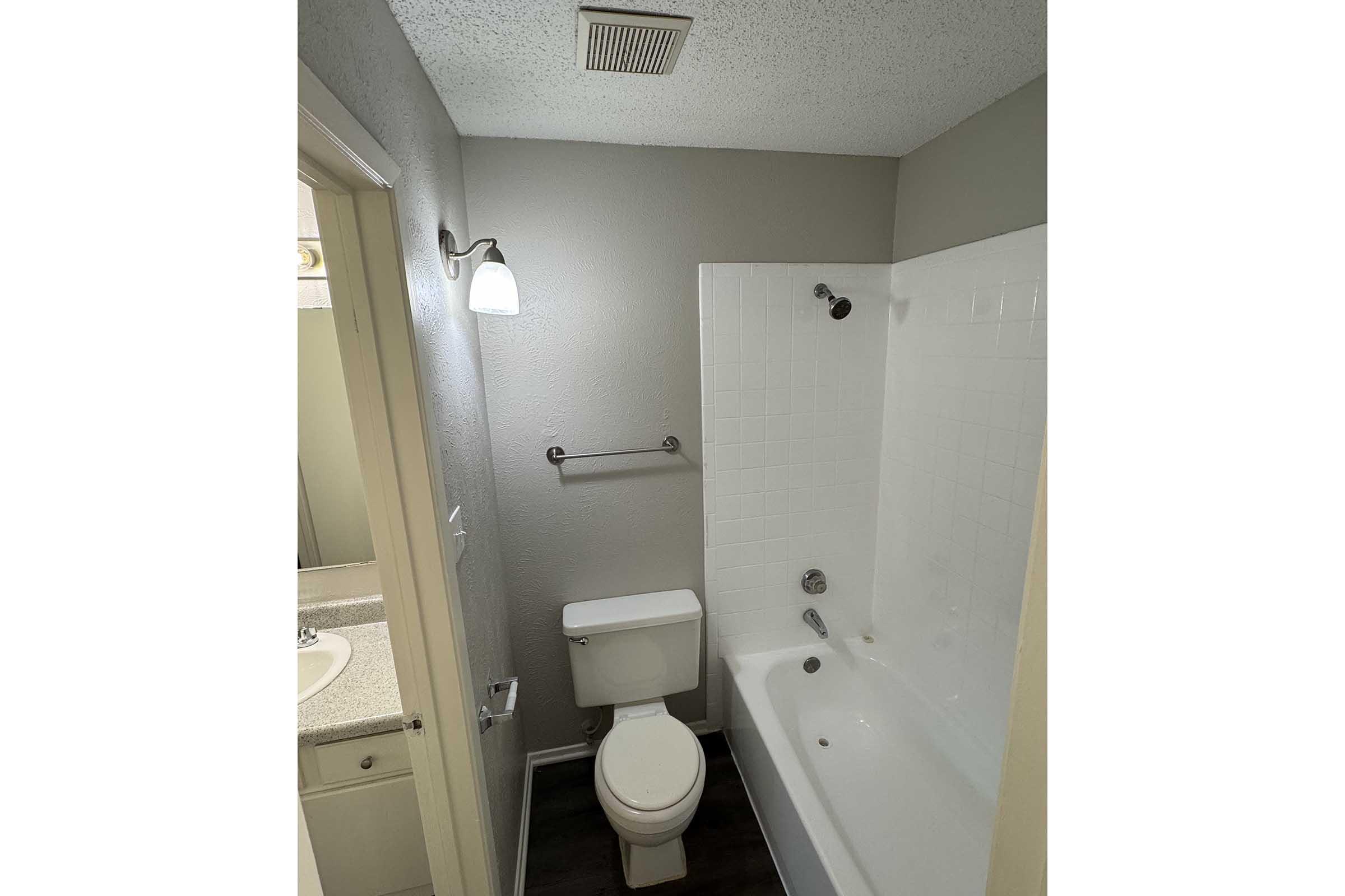 A small bathroom featuring a bathtub with a shower overhead, a toilet, and a sink with a mirror. The walls are painted gray, and there is a light fixture on the wall above the bathtub. The flooring is dark, contrasting with the white tiles in the tub area.