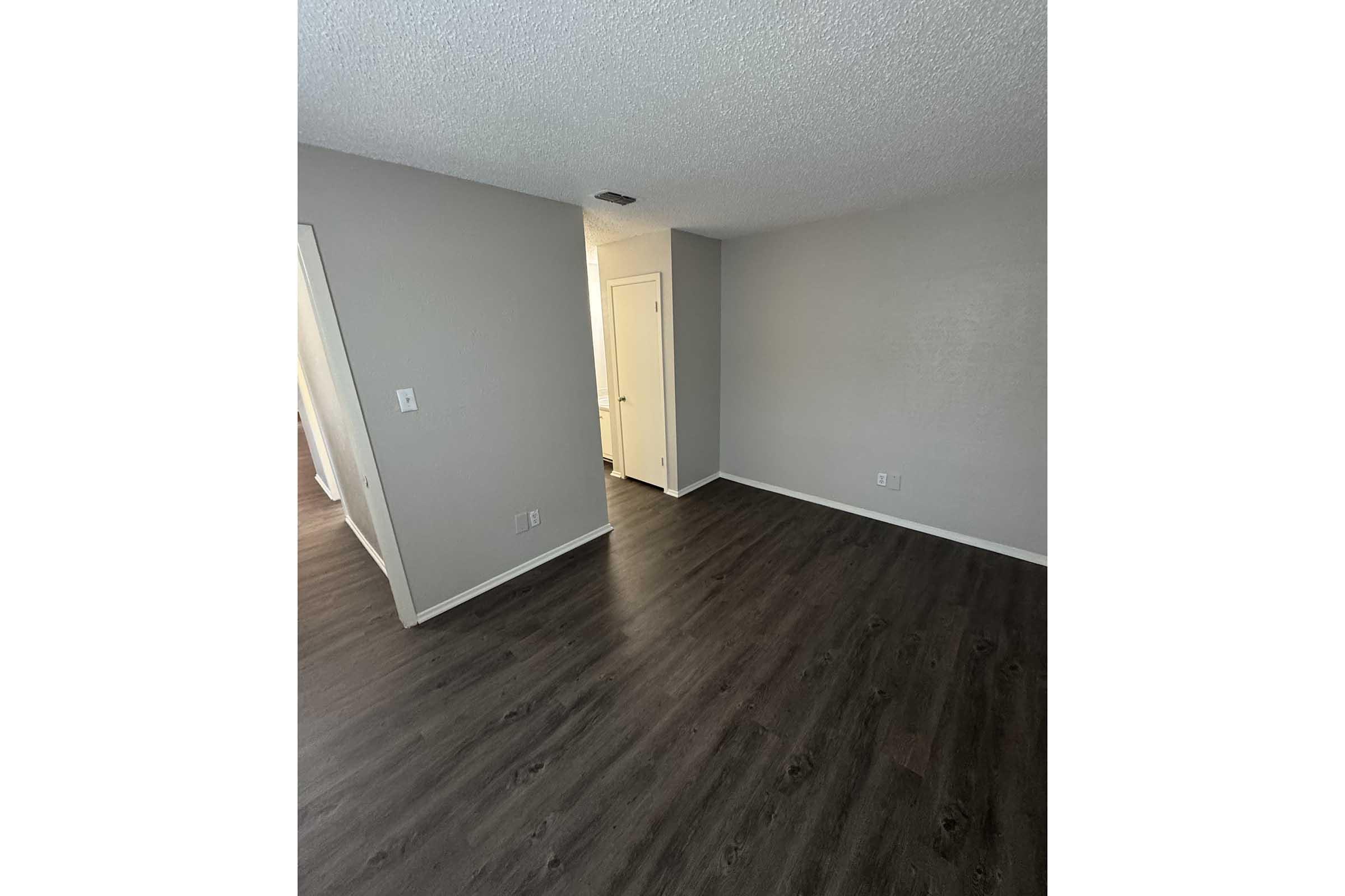 A vacant room with gray walls and dark laminate flooring. There is a doorway on the left leading to another room and a closed door on the right. Natural light is coming in from the door frame, creating a bright appearance. The room has a clean and minimalist layout.