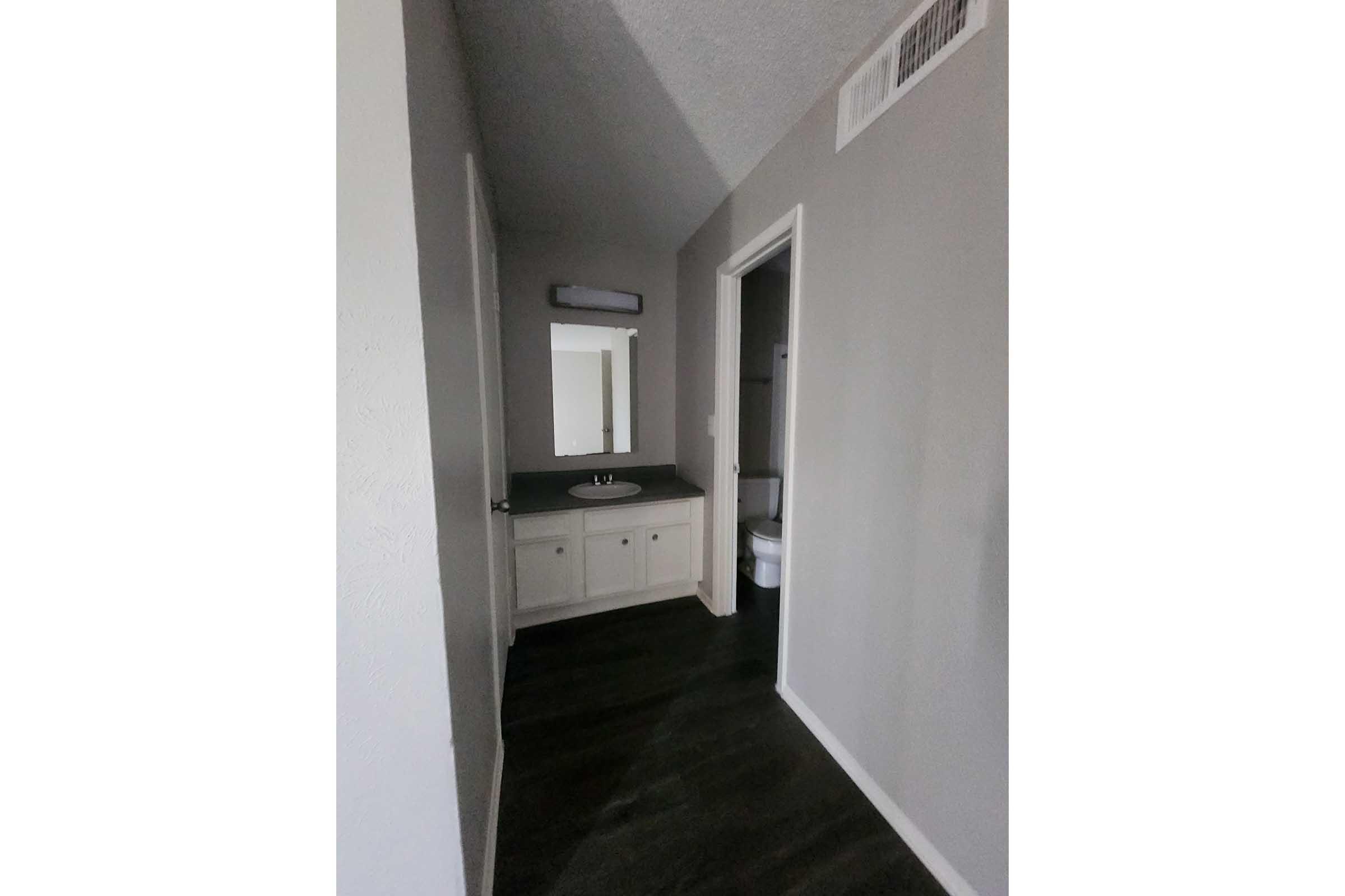 A narrow hallway leading to a bathroom with gray walls. The bathroom features a single sink with a dark countertop and a mirror above it. A white toilet is visible through an open doorway. The floor has a dark finish, and there is a light fixture mounted on the wall.
