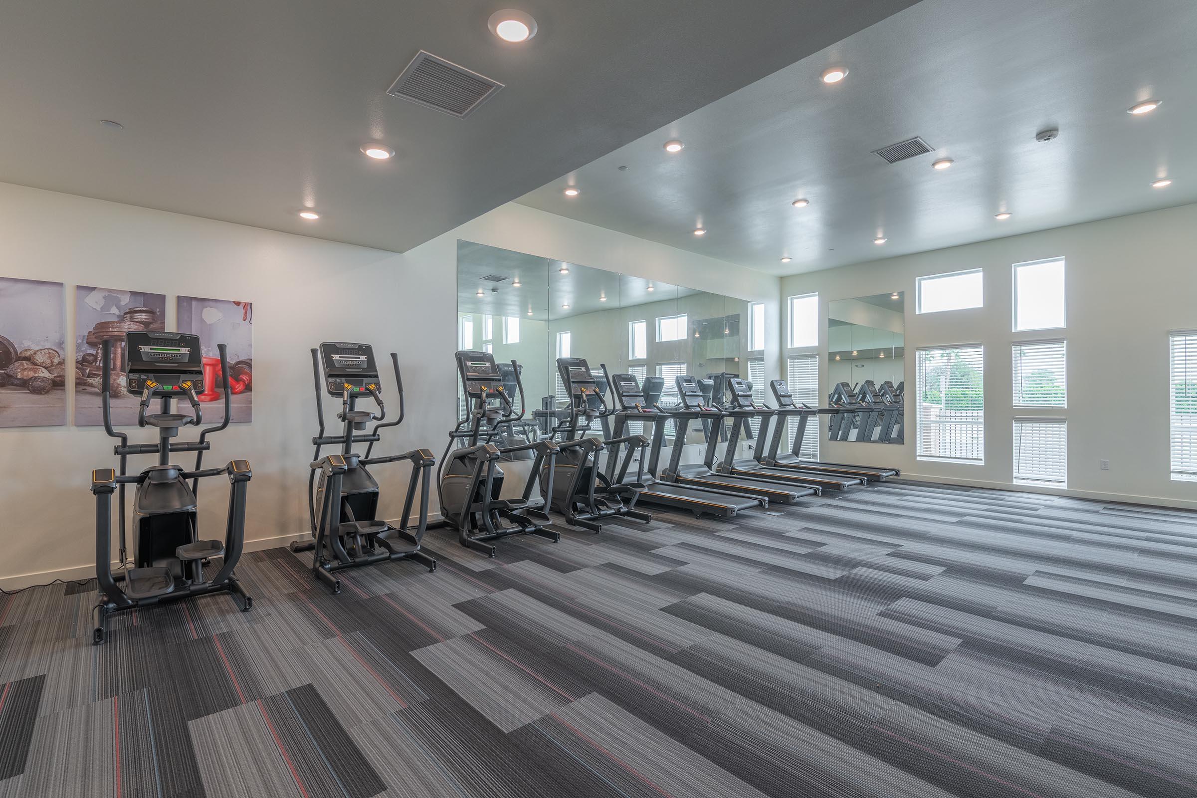 Modern fitness room featuring several elliptical machines and treadmills. Large mirrors reflect the equipment, with natural light coming through tall windows. The room has a contemporary design with gray and black tiled flooring and modern lighting fixtures.