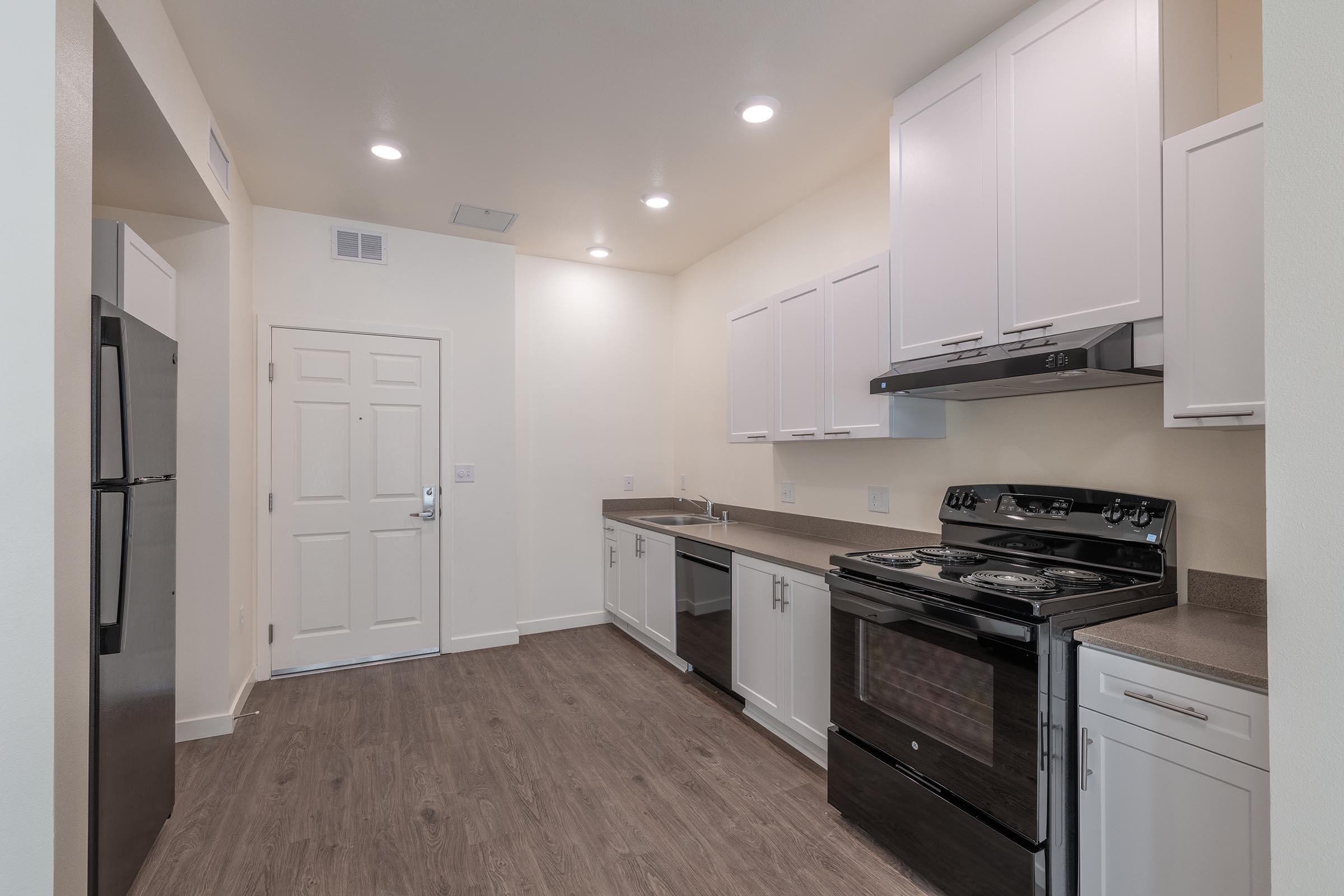 Modern kitchen featuring white cabinets, stainless steel appliances, a black stove and oven, a silver refrigerator, and a doorway leading to an exit. The walls are painted a light color, and the flooring has a wood-like appearance. Ample lighting is provided by recessed ceiling lights.