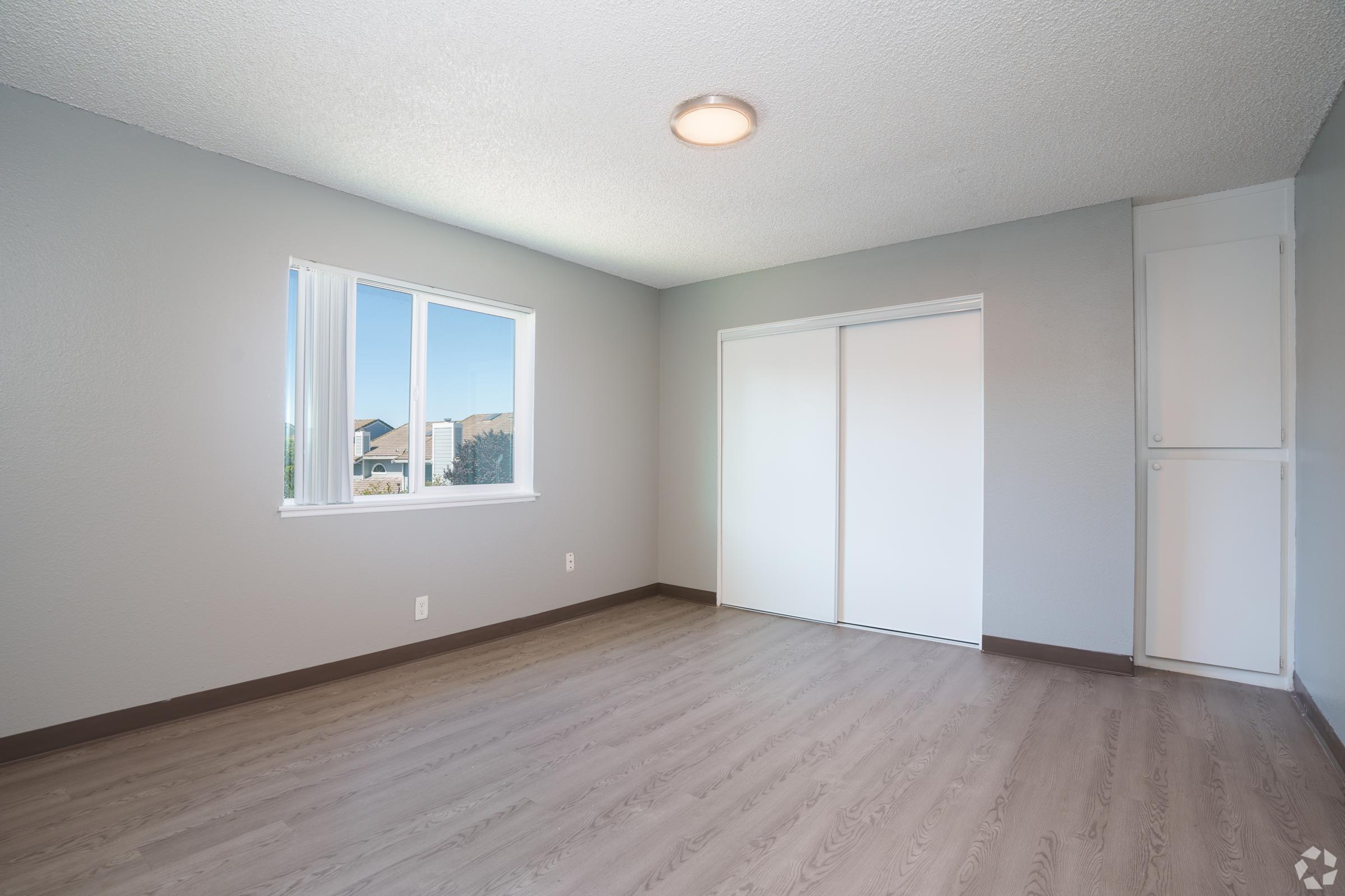 A bright, empty room featuring light grey walls, a large window allowing natural light, and light-coloured wood flooring. There is a white sliding door closet and a ceiling light fixture, creating a modern and airy atmosphere. Ideal for a living space or bedroom setup.
