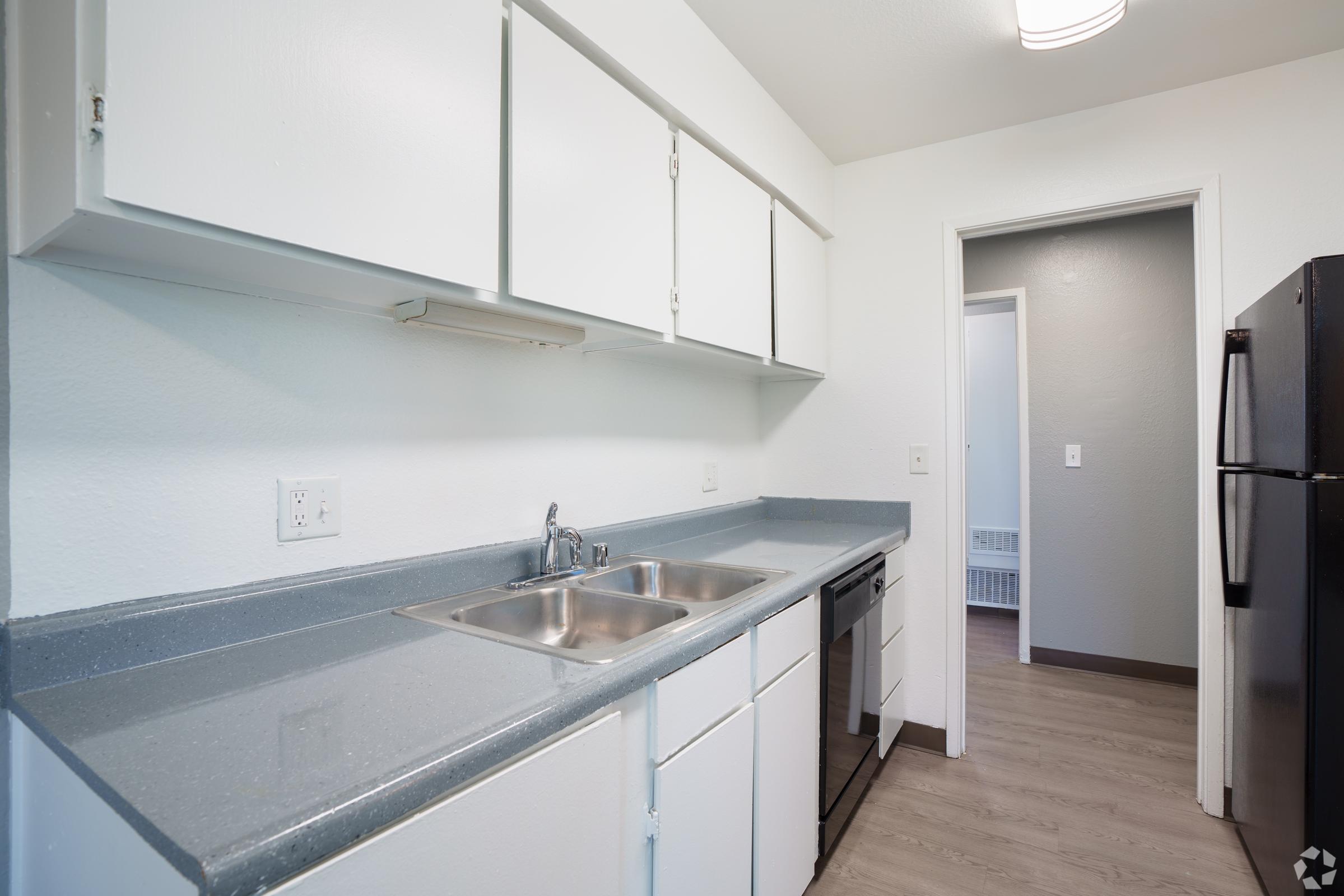Modern kitchen with white cabinetry, a double sink, and gray countertop. Includes a black dishwasher and refrigerator. A doorway leads to a light-colored adjacent room, providing a spacious and clean aesthetic.