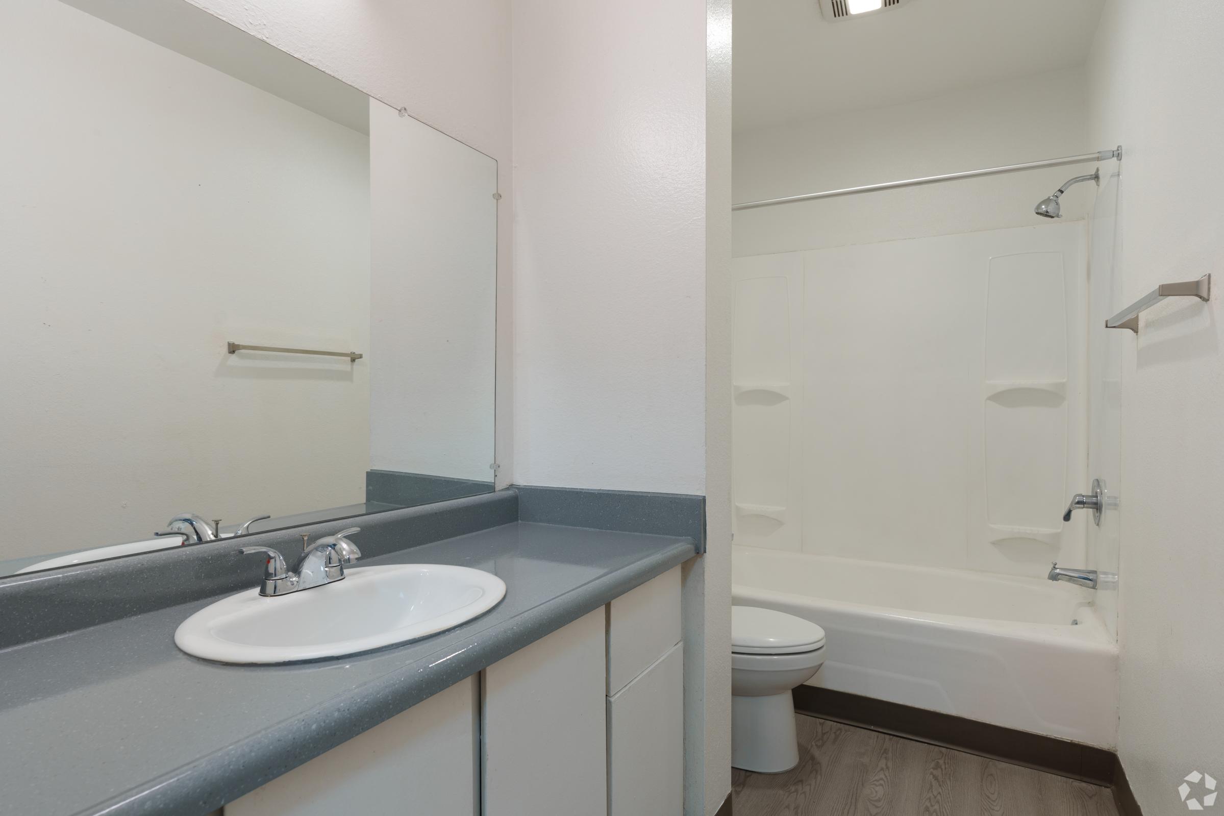 A clean, modern bathroom featuring a white bathtub and shower combination, a single sink with a faucet on a gray countertop, a large mirror above the sink, and a toilet. The walls are light-colored, and the floor has a wood-like appearance, creating a spacious and bright atmosphere.