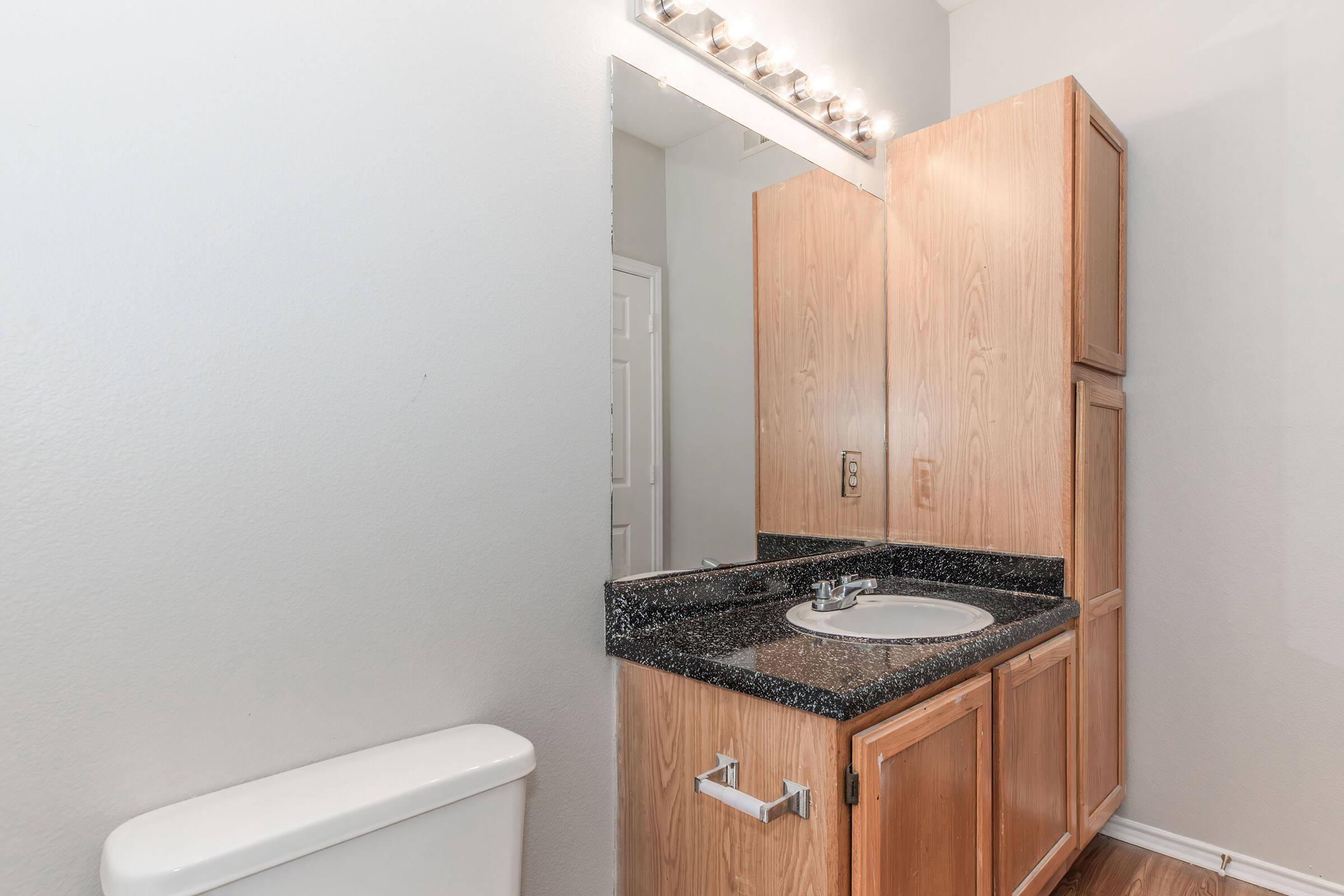 A modern bathroom featuring a wooden vanity with a dark granite countertop, an oval sink, and a large mirror. The walls are painted in a light color, and there's a white toilet visible on the left. Above the vanity, there are several light fixtures illuminating the space. The floor appears to be wooden.