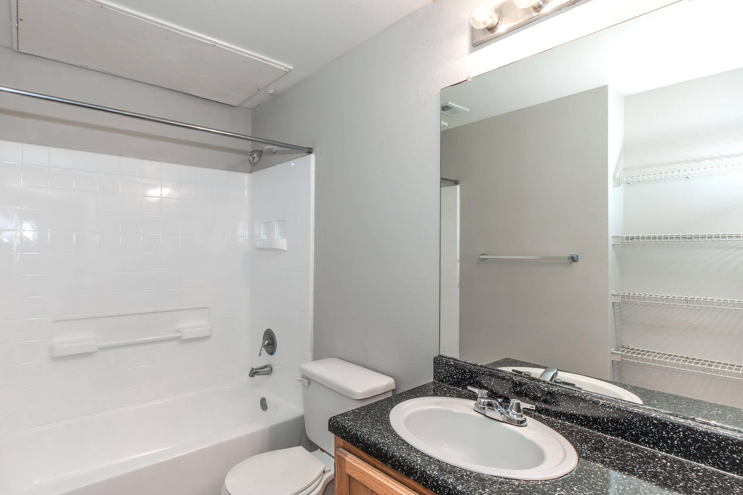 A modern bathroom featuring a white bathtub with a shower, a toilet, and a dark countertop with a sink. The walls are painted light gray, and there's a large mirror above the sink. Wire shelves are visible in the background, providing additional storage.
