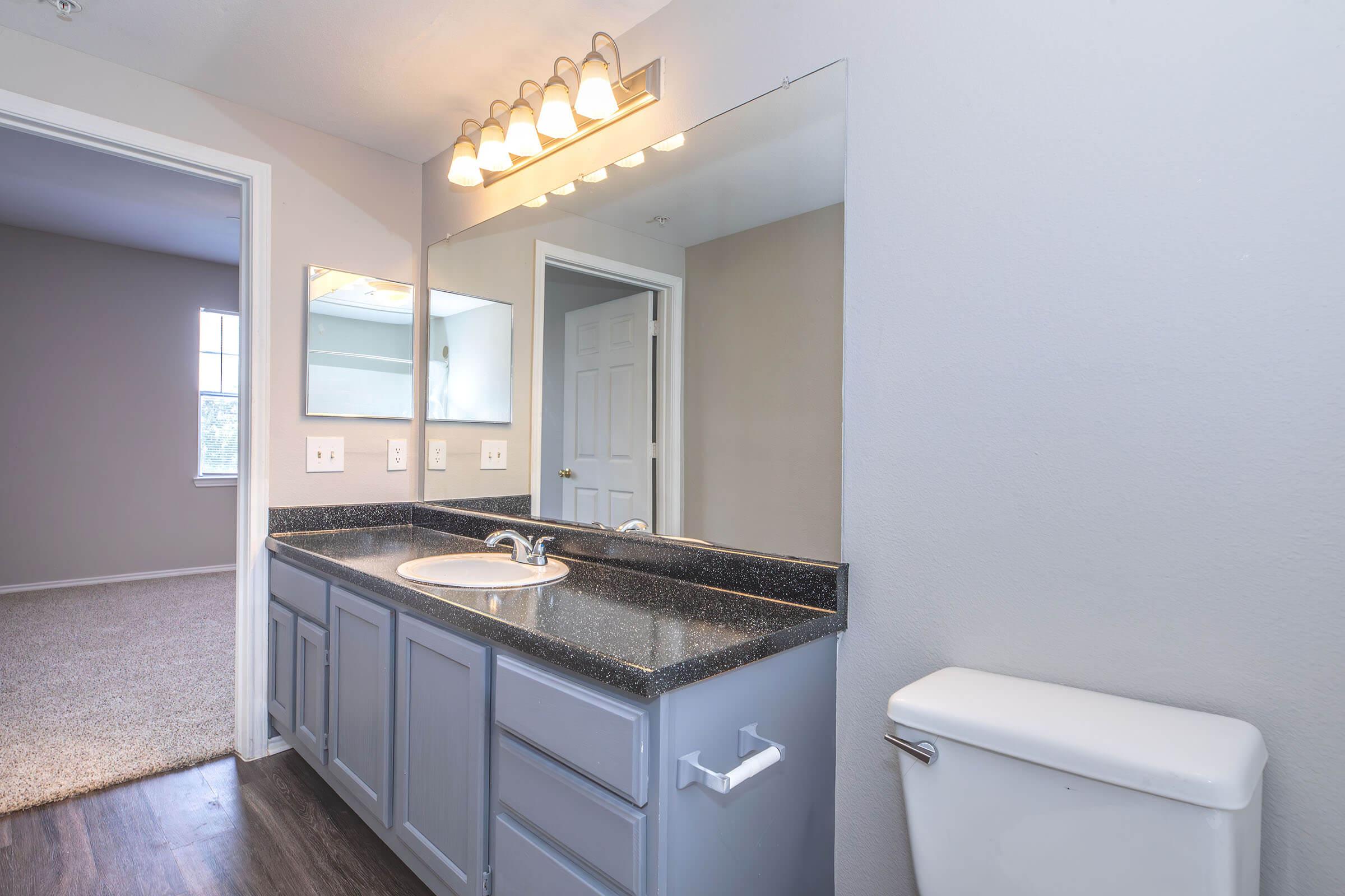 A modern bathroom featuring a gray vanity with a sink, a large mirror above it, and bright lighting. There are two mirrors, a toilet to the right, and a door leading to another room visible in the background. The walls are painted light gray, creating a clean and neutral aesthetic.