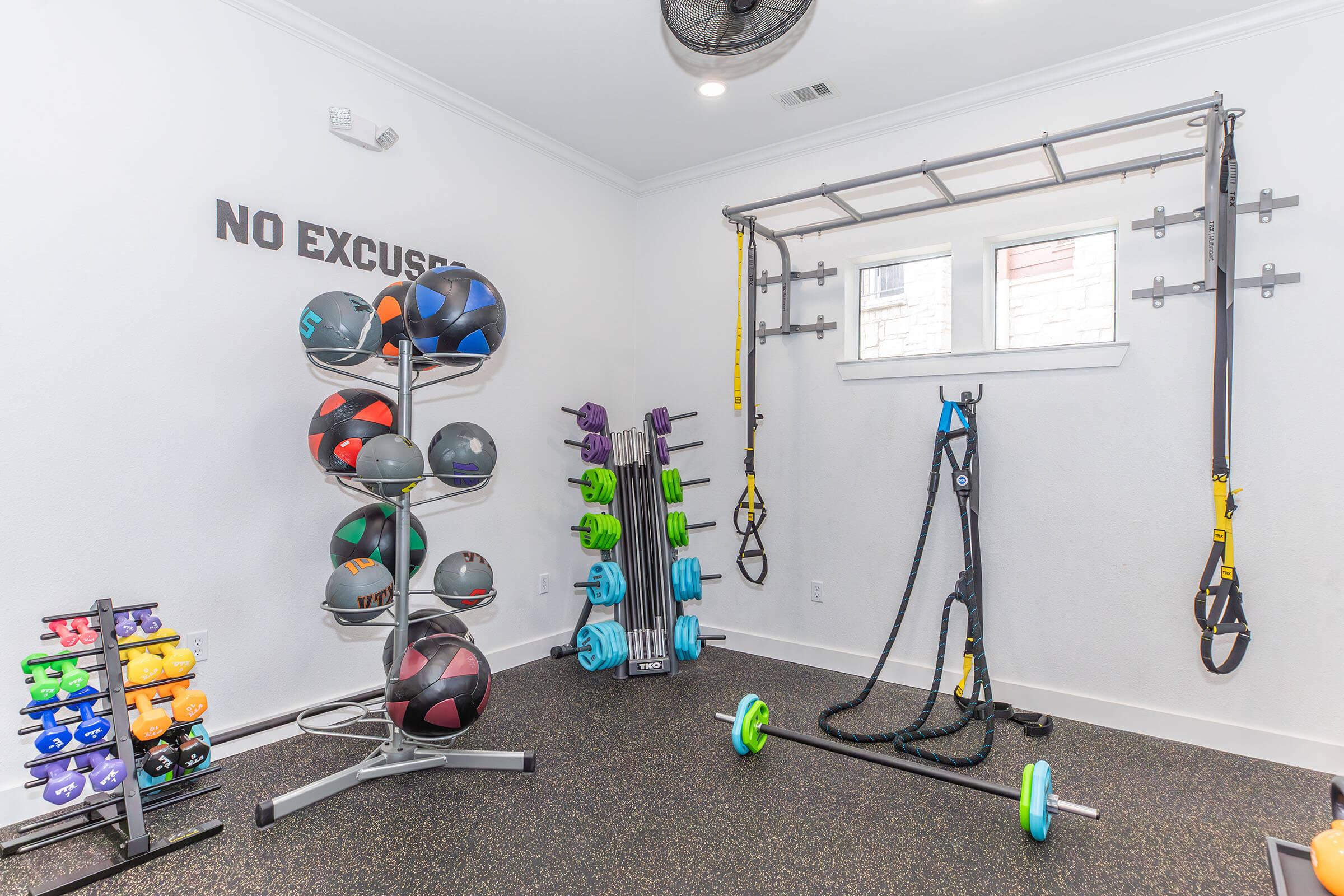A home gym featuring various fitness equipment. There are colorful dumbbells on a rack, medicine balls stacked on a stand, a set of resistance bands, a TRX suspension trainer, and weight plates. The wall displays the motivational phrase "NO EXCUSES." The flooring is dark and textured.