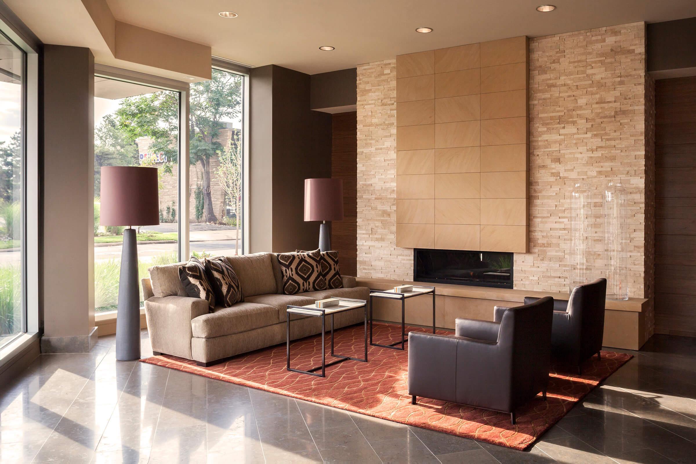 a view of a living room with a large window